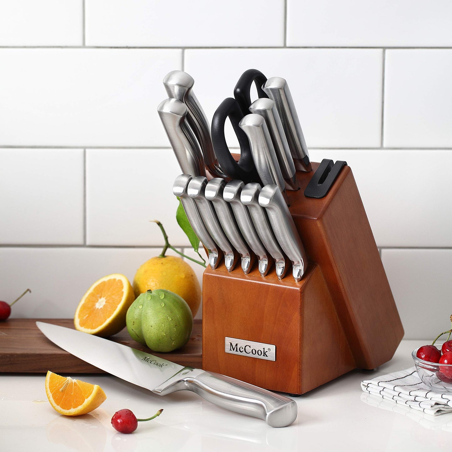 McCook® Knife Sets, Golden Titanium Stainless Steel Kitchen Knife Block Sets with Built-in Sharpener