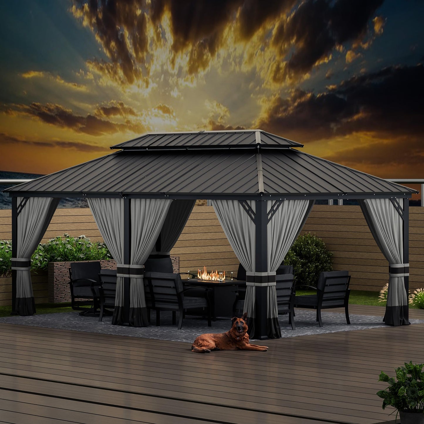 12x20ft Hardtop Gazebo Double Roof, Outdoor Pavilion with 2-Layer Hard top Galvanized Iron Frame Garden Tent, Suitable for courtyards, backyards, Decks, and Grass