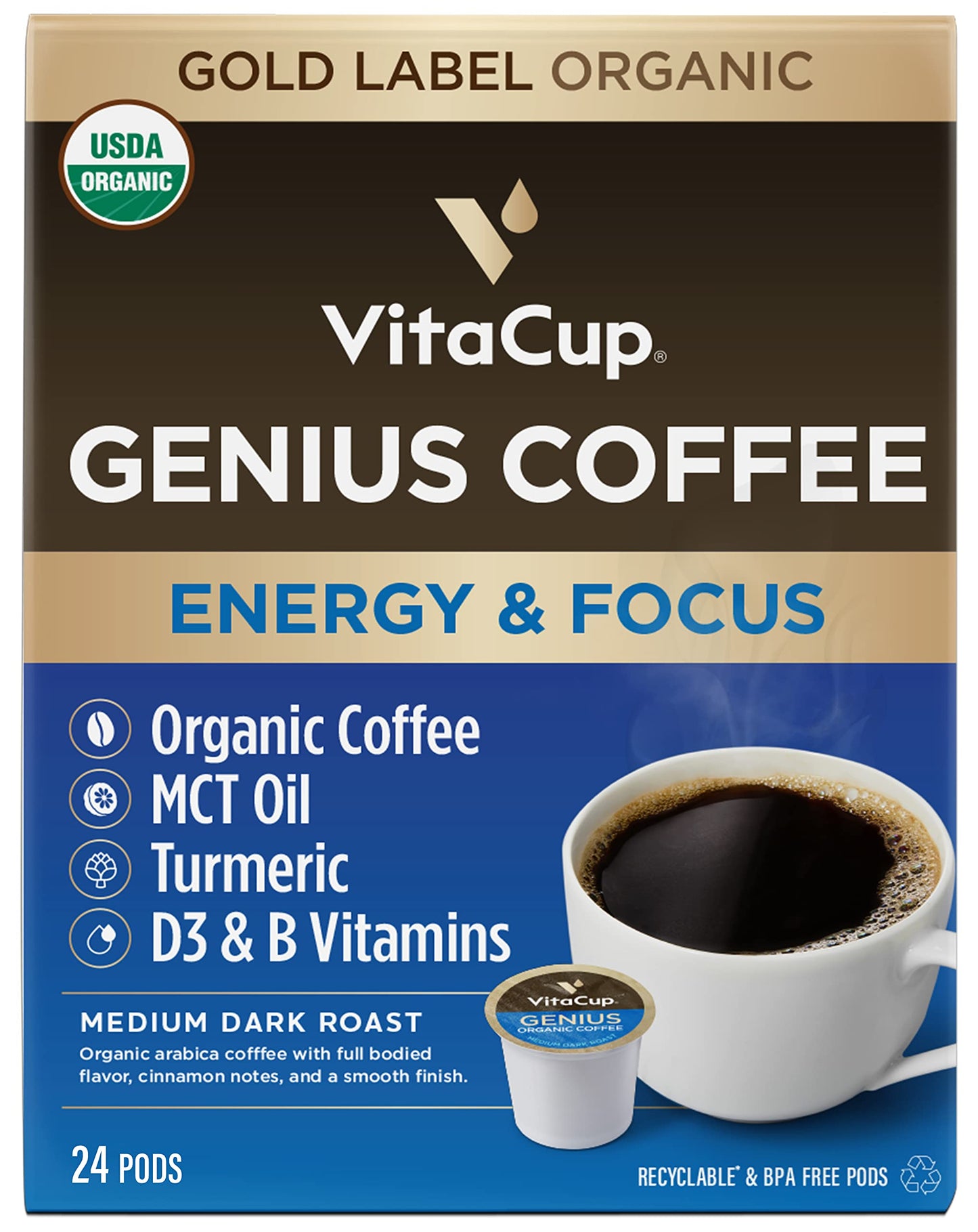 VitaCup Lightning Kaffeepads, für Gedächtnis und Konzentration mit 2x Koffein, grüne Kaffeebohnen, B-Vitamine, D3, starker dunkel gerösteter Kaffee, recycelbare Einzelportionspads, kompatibel mit Keurig K-Cup Kaffeemaschinen, 16 Stück 