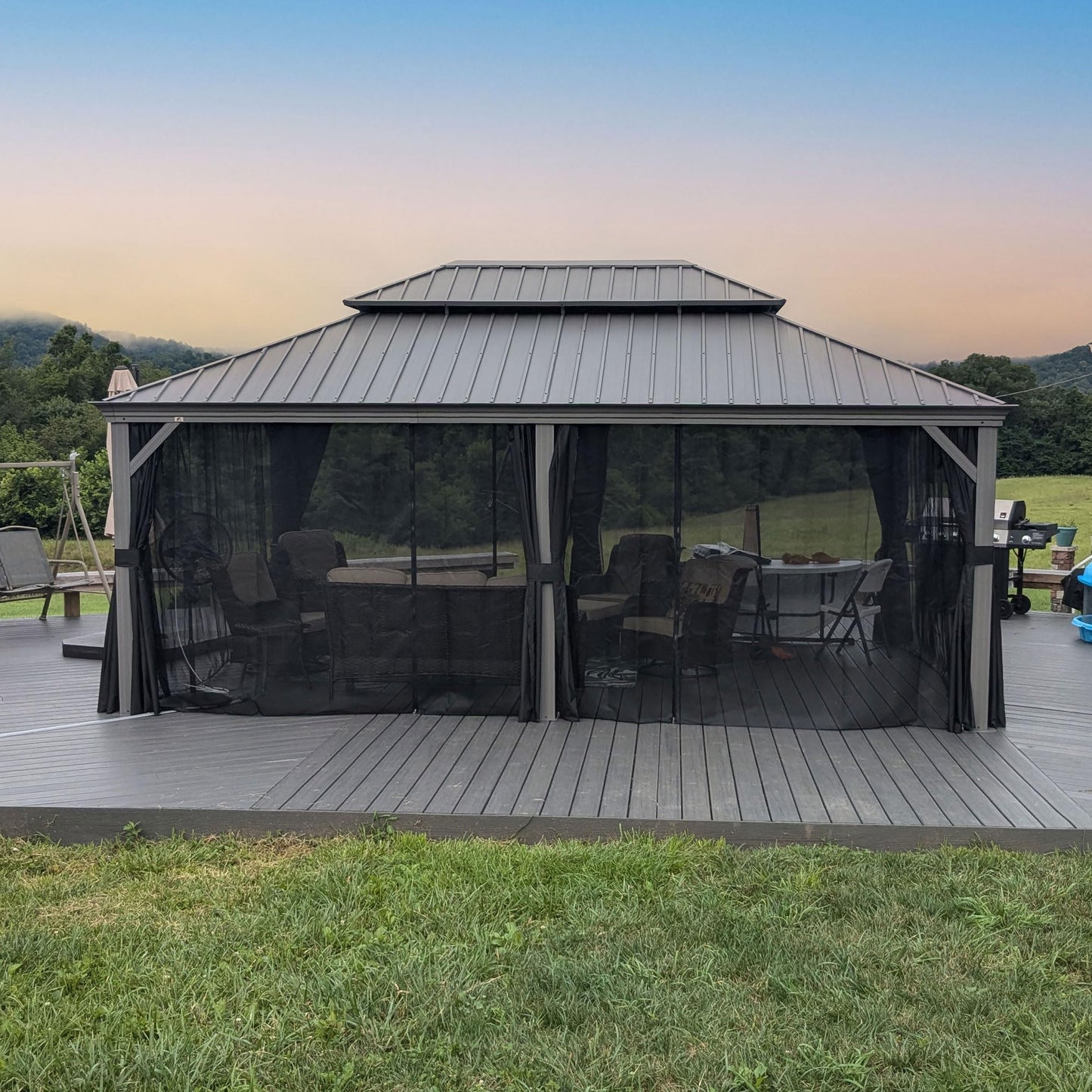 PURPLE LEAF 14' x 20' Patio Hardtop Gazebo with Light Metal Roof Heavy Duty Wind Resistance Outdoor Permanent Large Pavilion Gazebo for Patio Deck and Garden, Netting and Curtains Included, Light Grey