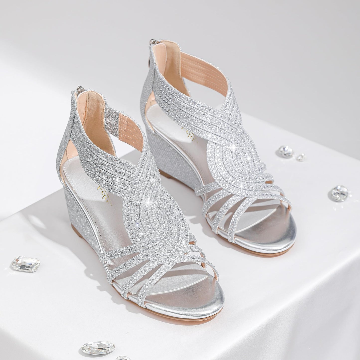 Damen Keilsandalen mit glitzernden Strasssteinen, offene Zehenpartie, modische, elegante Sandalen für Abendveranstaltungen, Hochzeiten und Abschlussbälle 