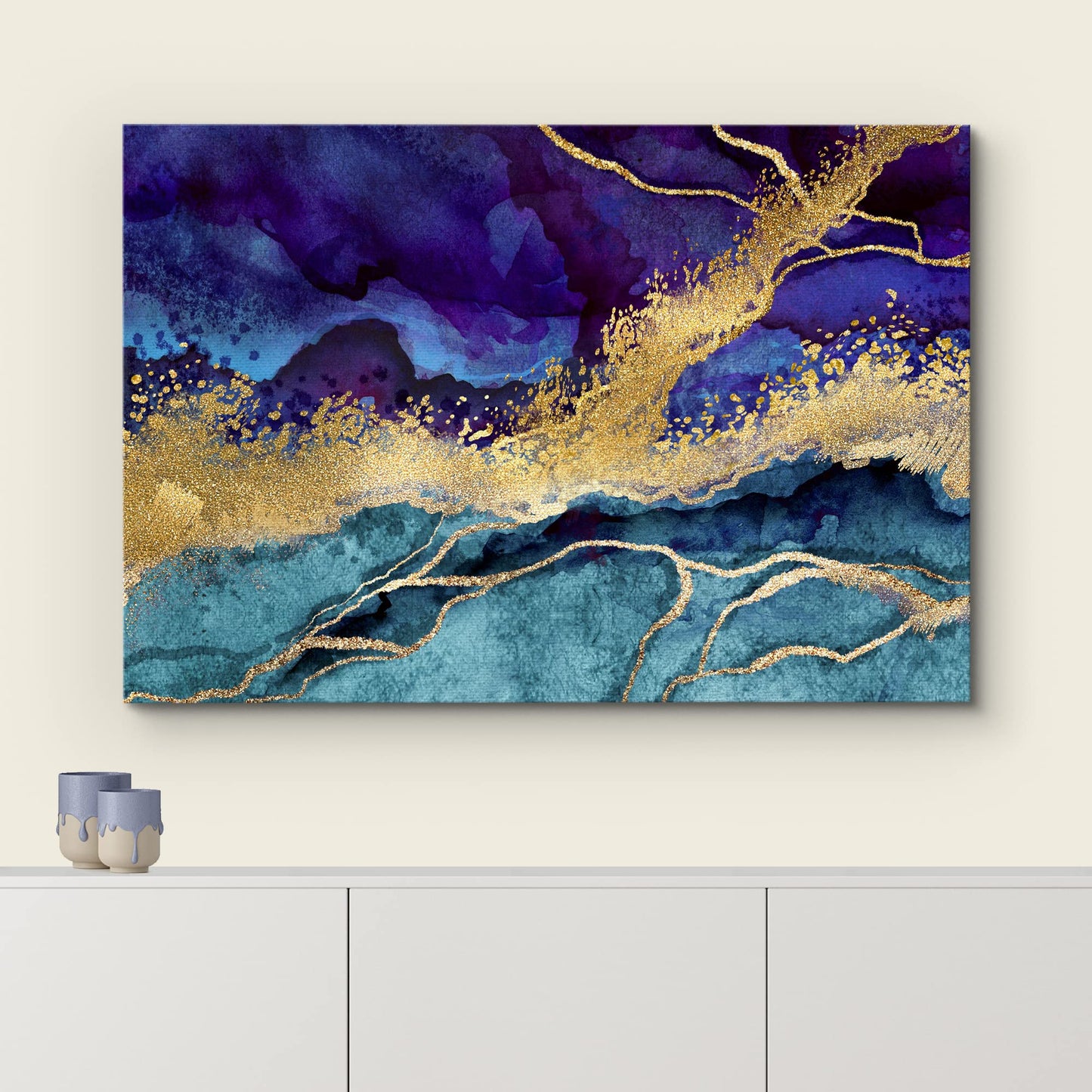 Impression sur toile encadrée wall26 Art mural Paysage en marbre violet, or et bleu sarcelle Formes abstraites Illustrations Moderne Chic Coloré Multicolore Ultra pour salon, chambre, bureau - 24x36 Naturel 