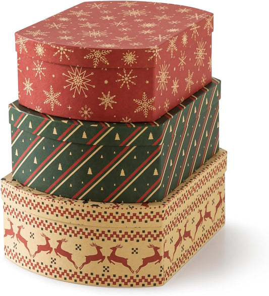 Coffrets cadeaux de Noël Soul &amp; Lane avec couvercles - Lot de 3, boîtes décoratives de Noël rétro en papier kraft, boîtes festives en carton gigognes pour cadeaux et décorations 