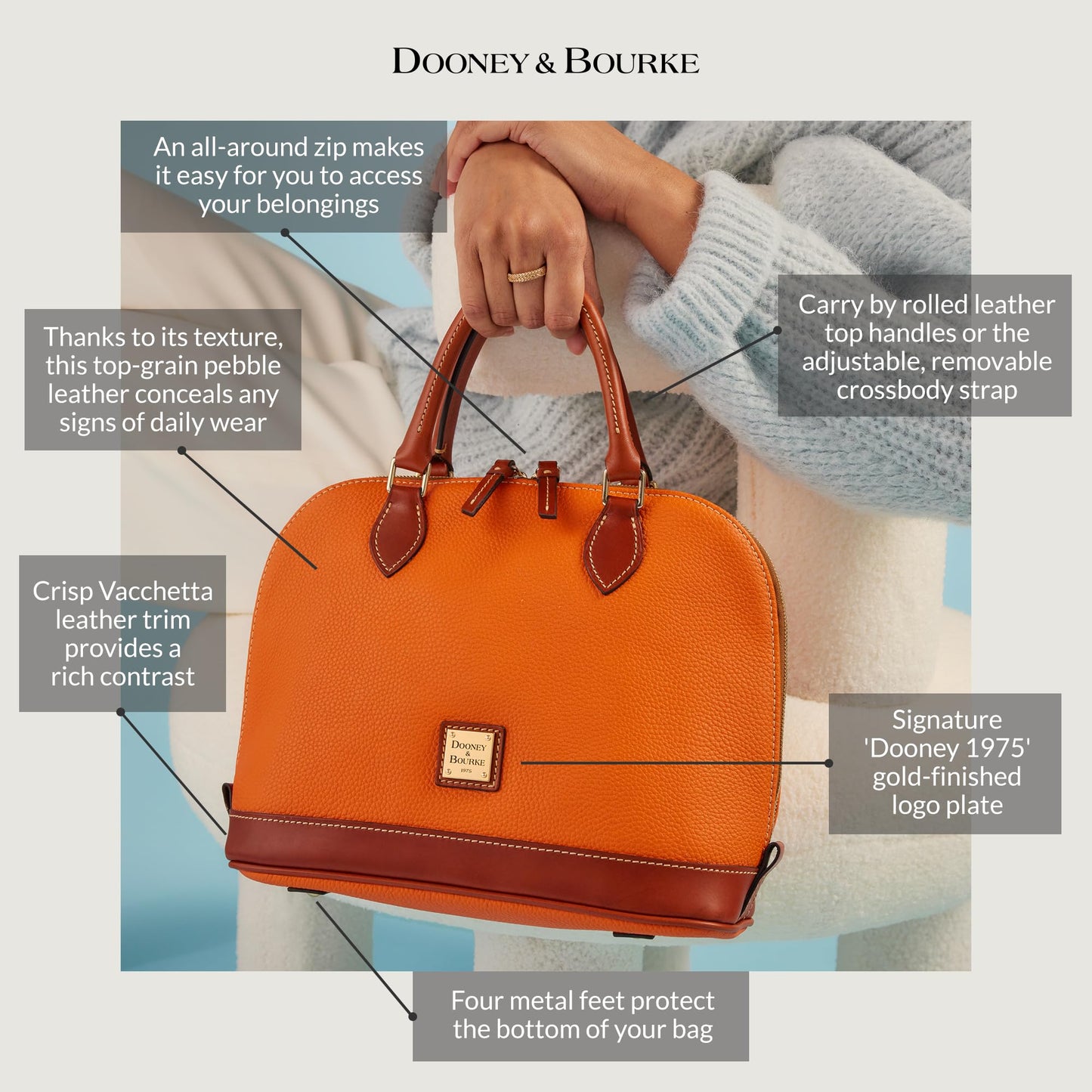 Dooney & Bourke Women's Zip Zip Satchel in Pebble Grain Leather, Large Handbag with Adjustable & Detachable Shoulder Strap