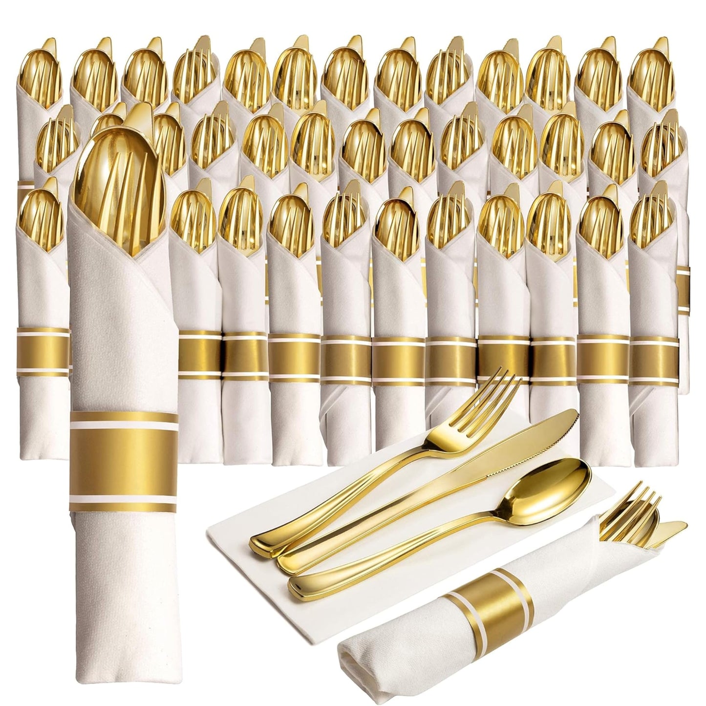 Prestee 50 Pre Rolled Gold Plastic Silverware Set Disposable, 200 Piece Gold Silverware Disposable and Reusable, Cutlery Set with Forks, Knives, Spoons, and Napkins for Weddings and Parties