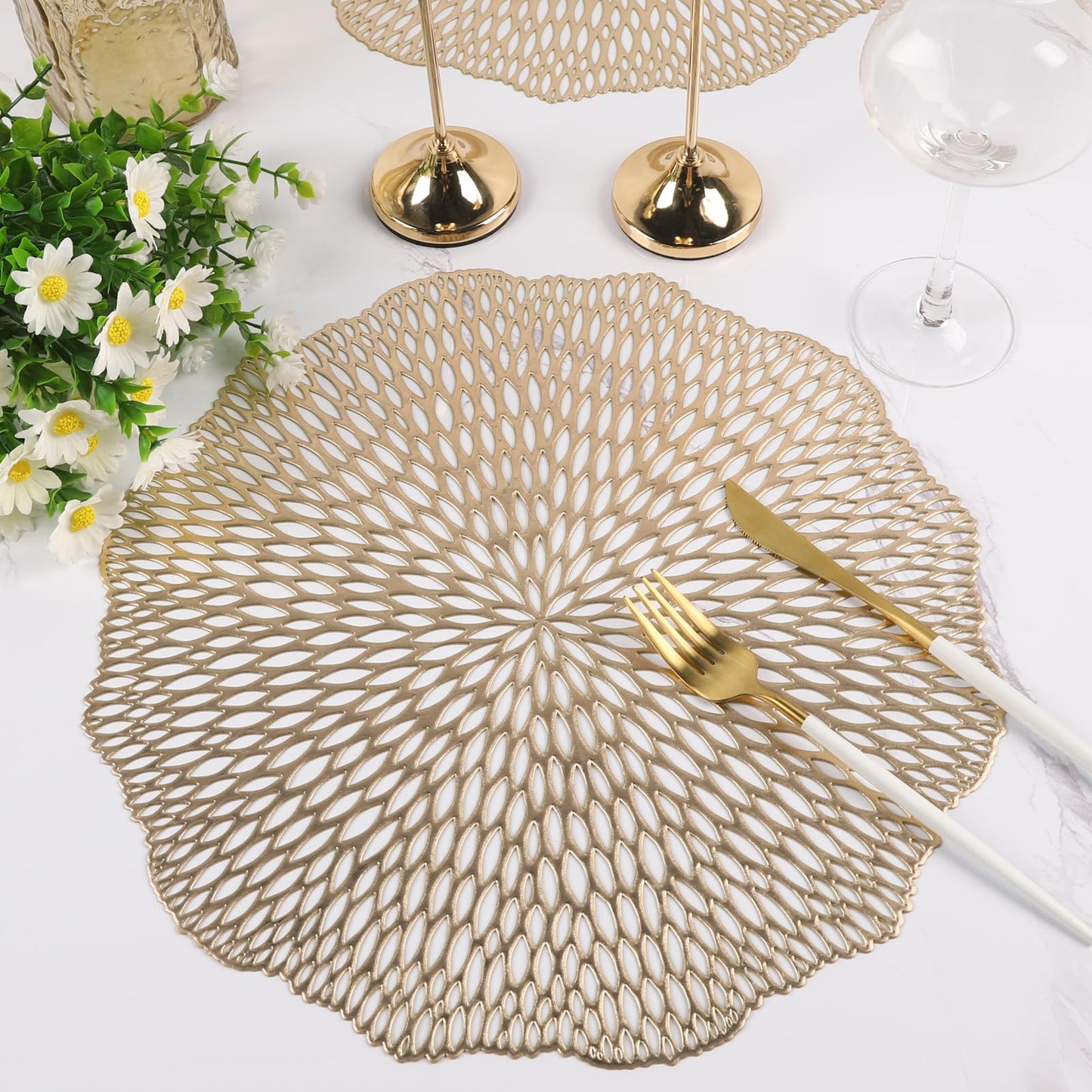 Placemats Set of 6, Round Hollow Out Flowers Place Mats for Dining Table Pressed Vinyl Blooming Leaf Table Mats for Holiday Party Wedding Accent Centerpiece Dinner Table Decoration (Gold)