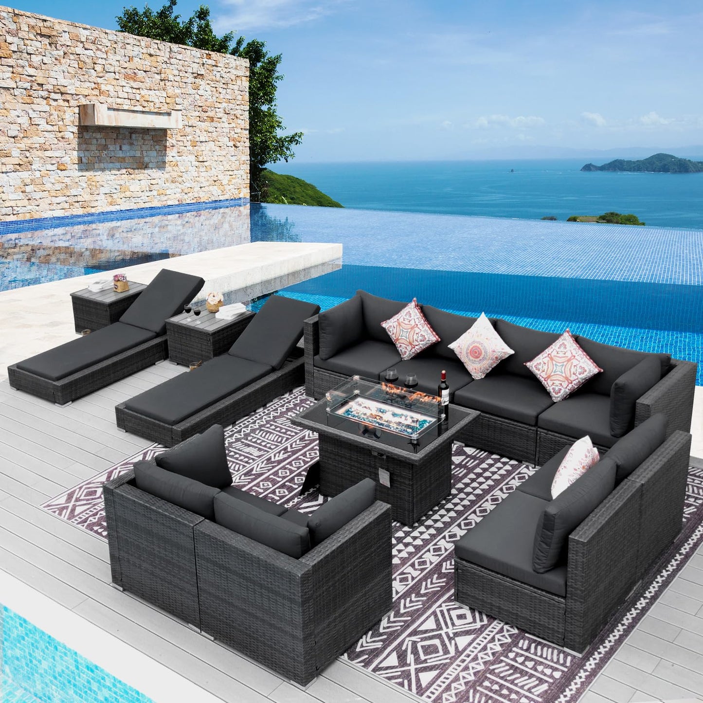 NICESOUL® 13-teiliges großes Luxus-Sofaset für die Terrasse mit Feuerstelle für Erdgas/Propan, 74 cm hohe Rückenlehne, Garten-Sitzgruppe, Gartensofa aus PE-Rattan, dunkelgrau 