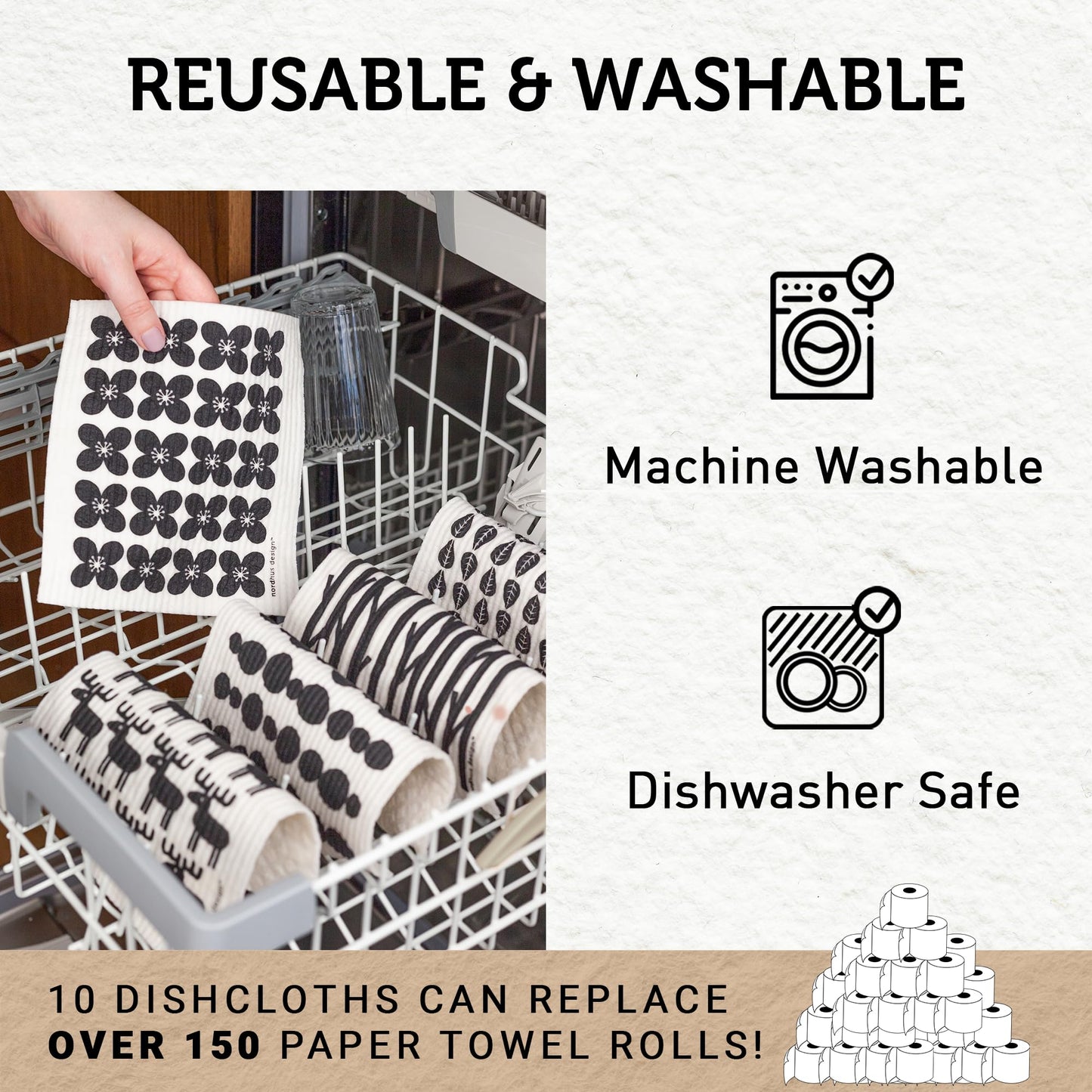 Nordhus Design Swedish Dishcloths for Kitchen, 10 Cloths, Made in Sweden - Reusable, Washable Cellulose Cotton Kitchen Cloths - Replace Paper Towels, Wipes, Sponges, Dish Rags