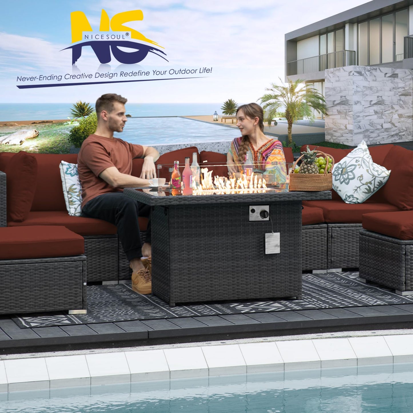 NICESOUL® 13-teiliges großes Luxus-Sofaset für die Terrasse mit Feuerstelle für Erdgas/Propan, 74 cm hohe Rückenlehne, Garten-Sitzgruppe, Gartensofa aus PE-Rattan, dunkelgrau 