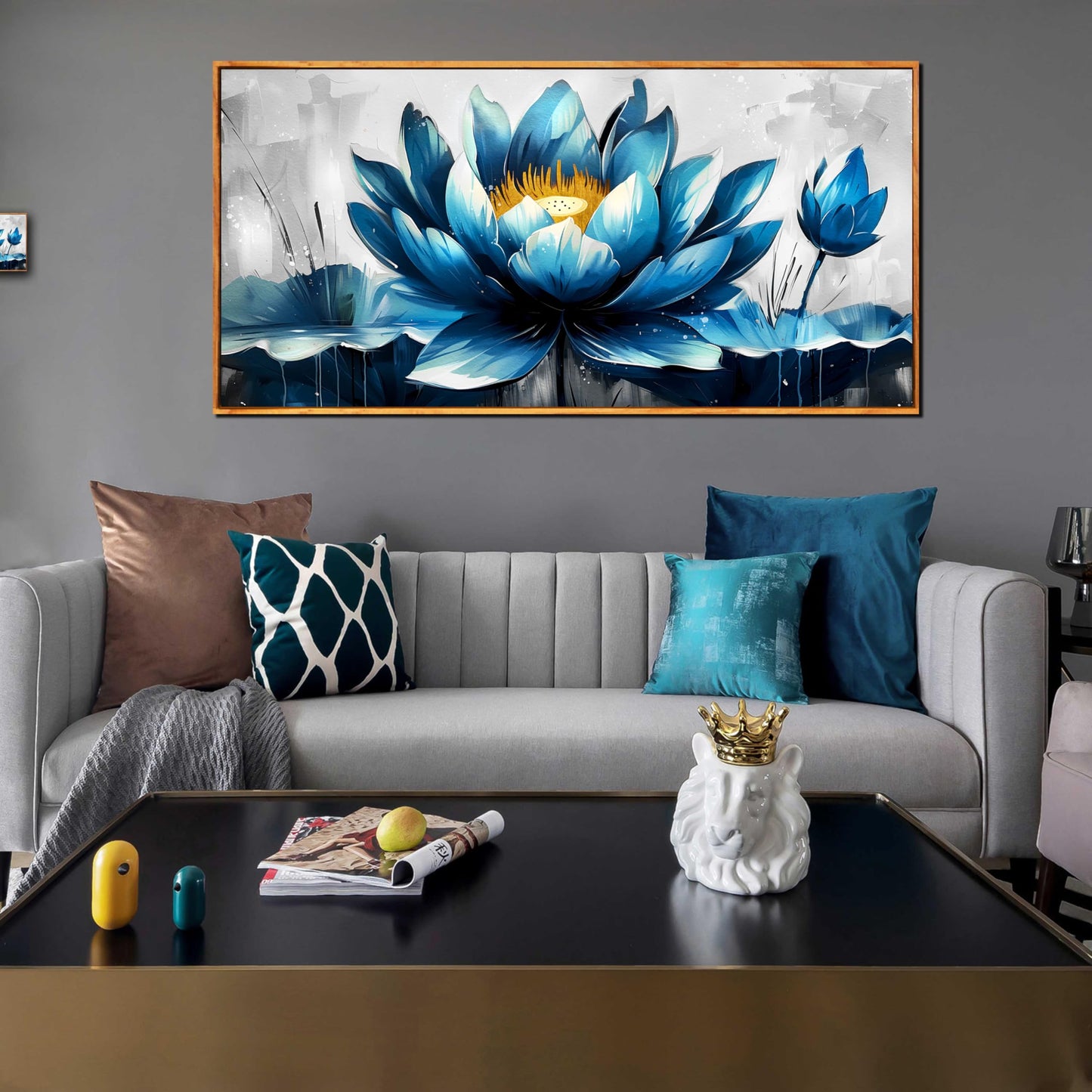 Ouzzlie Große Blumen-Wanddekoration, blaue Wandkunst für Wohnzimmer, goldene Kunst, Lotus-Poster für Zuhause und Büro, 73,7 x 149,9 cm 