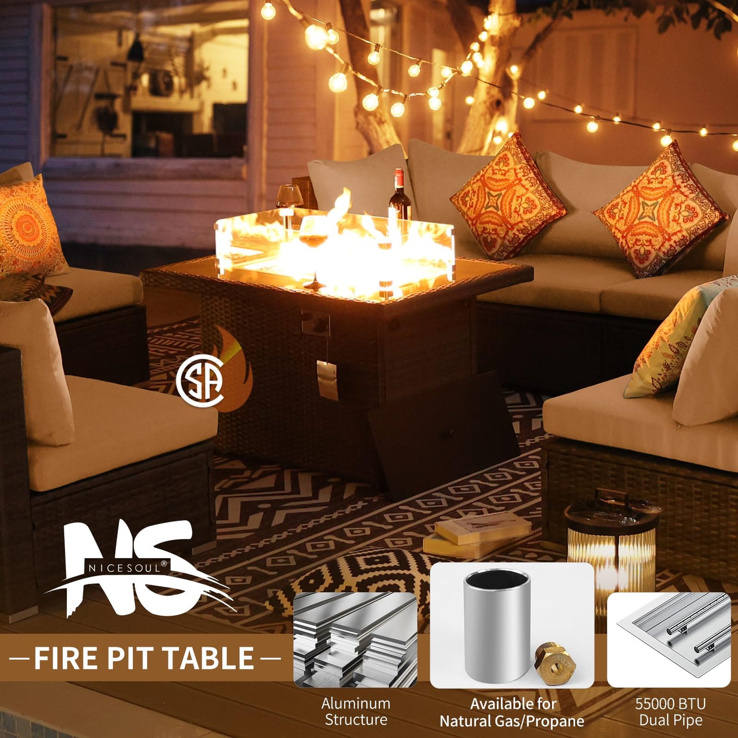 Ensemble de canapé de patio de luxe 13 pièces NICESOUL® avec table de foyer au gaz naturel/propane, ensemble de conversation d'extérieur à dossier haut de 29,3 po, canapé sectionnel extérieur en rotin PE, gris foncé 