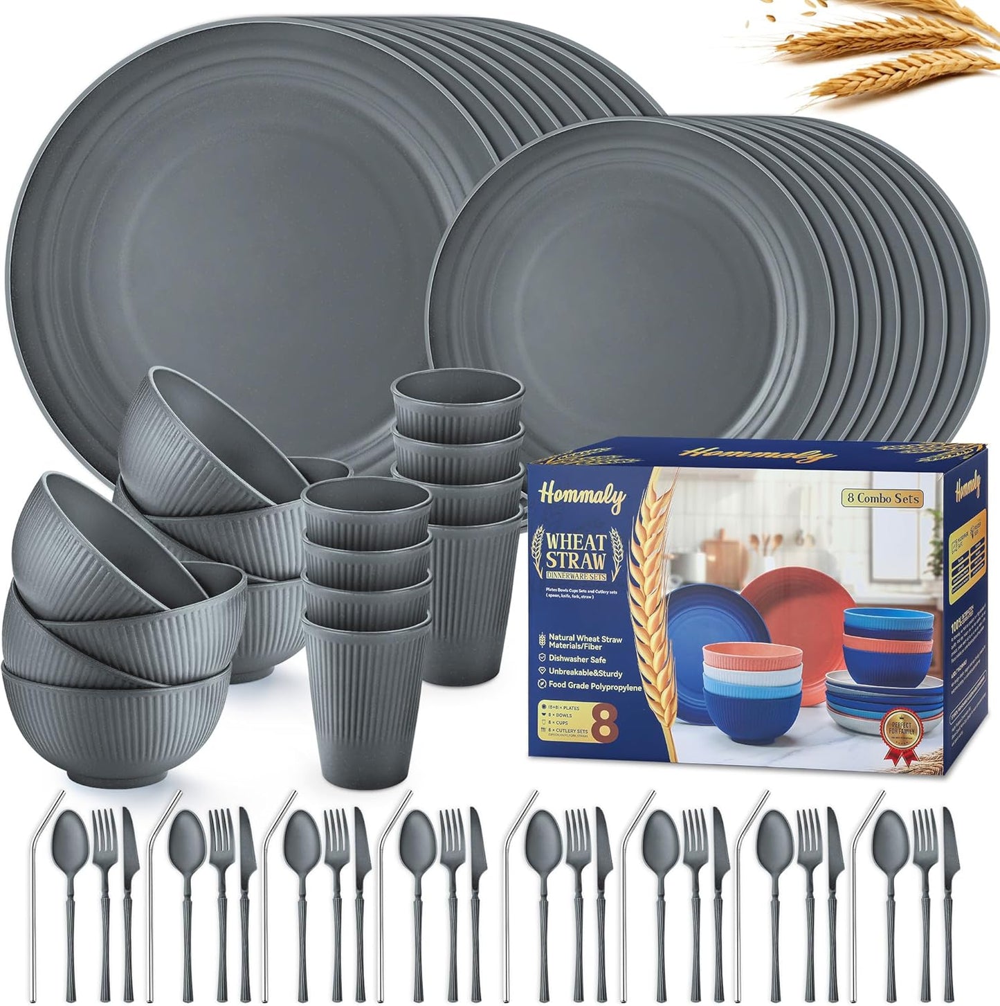 Wheat Straw Dinnerware Sets,48-Piece Plates and Bowls Sets for 6-Unbreakable,Reusable Plastic Dish Set-Dinner Plate/Dessert Plate/Cereal Bowl/Cup/Utensils-Microwavable Dishwasher Safe 48P-Deep Gray
