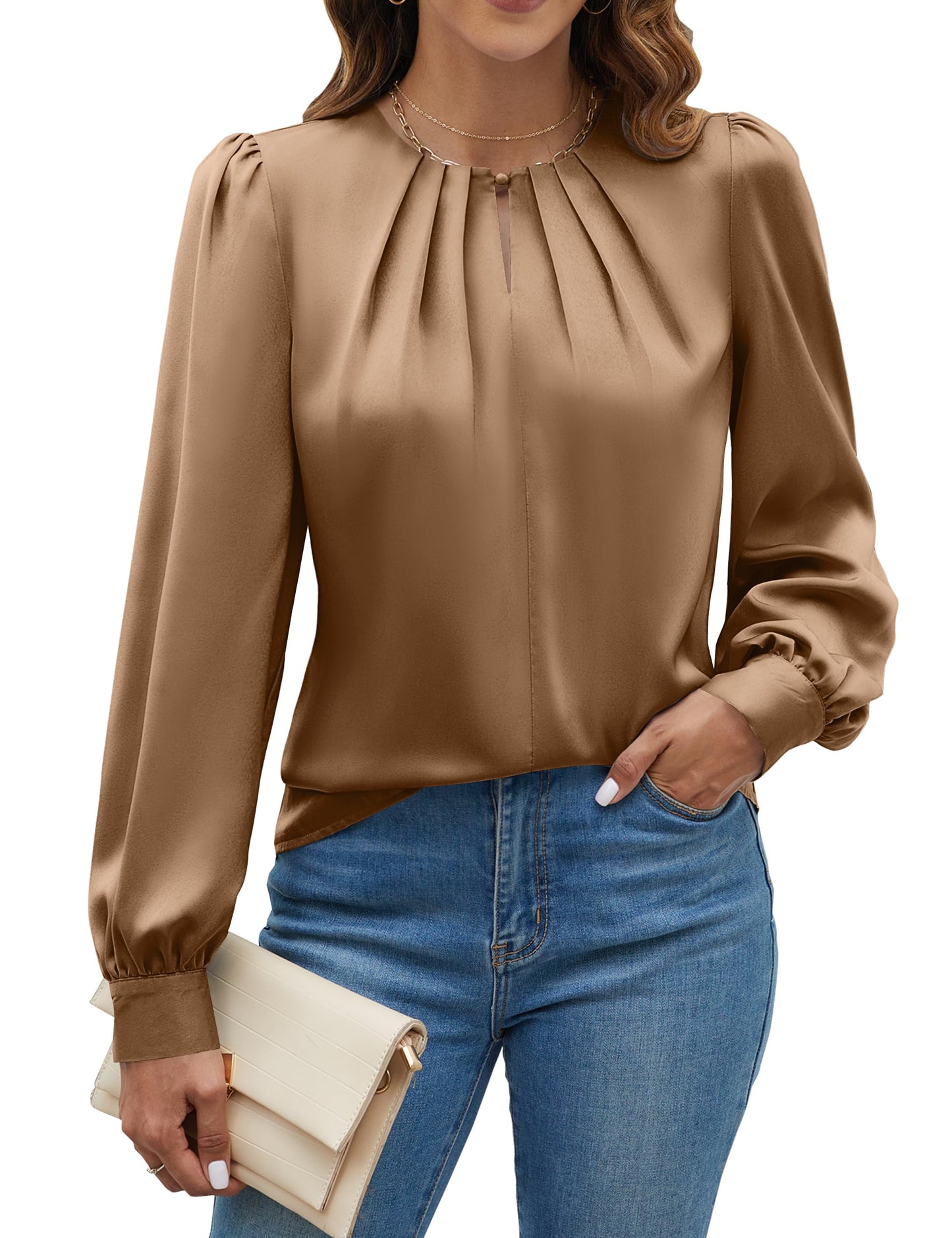 Blooming Jelly Womens Dressy Casual Blouses Satin Long Sleeve Shirts Pleated Business Tops Trendy Fall Outfits