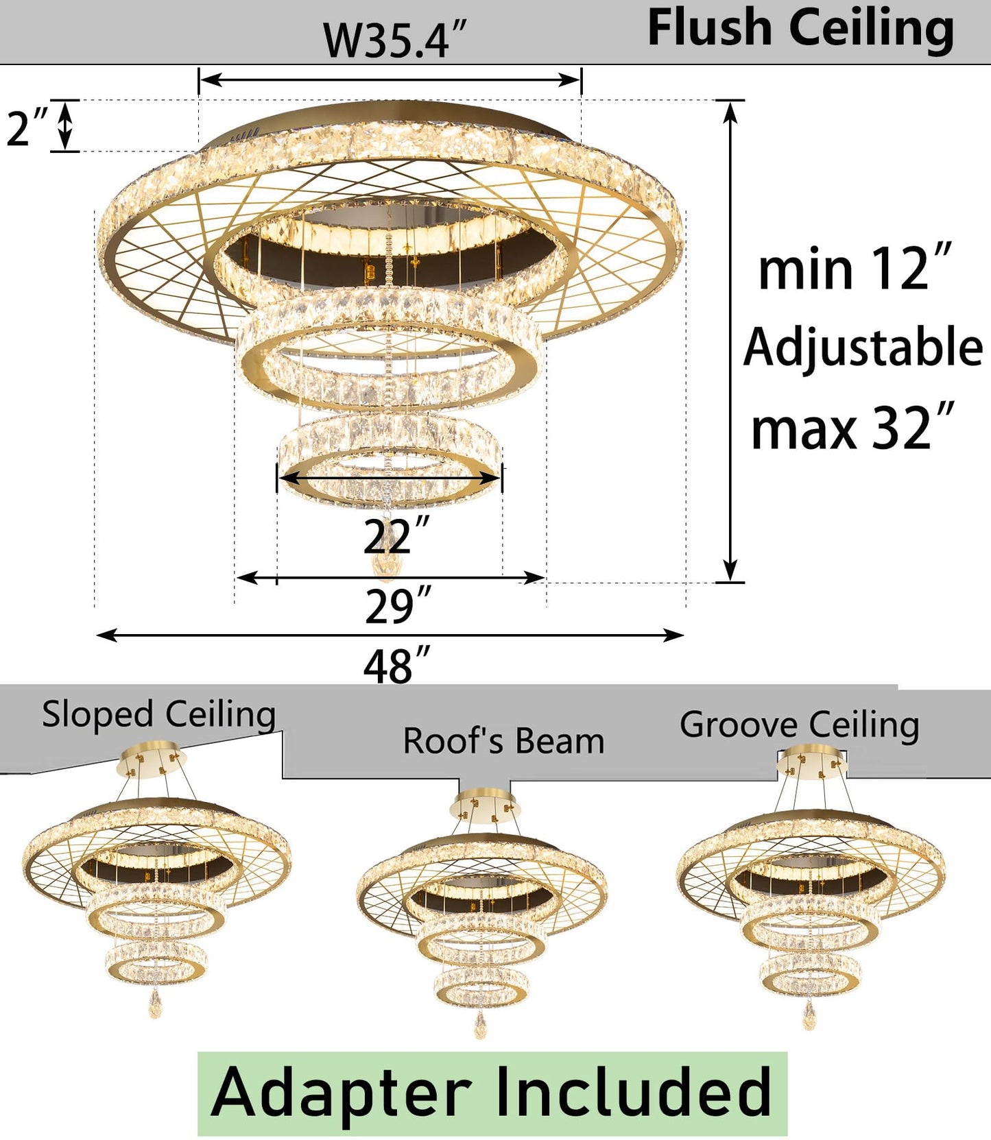 Modern Flush Ceiling Chandelier Bedroom Light Fixtures Crystal Flat Sloping Ceiling Lights for Hallway Kitchen Dining Room Dimmable Light with Remote Gold