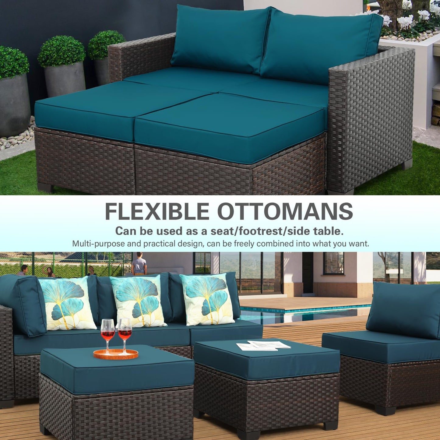 Outdoor Patio Dark Brown Rattan 7 Piece Sectional Set PE Wicker Conversation Sofa with Liftable Storage Table Non-Slip 5" Thick Royal Blue Cushion and Furniture Cover