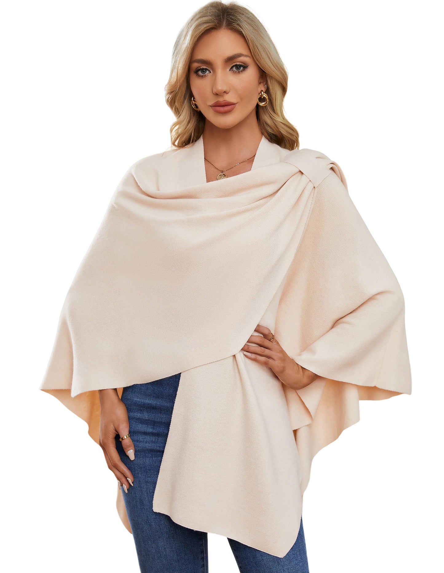 PULI Femmes Grand Poncho Croisé Sur Le Devant Pull Enveloppant Topper Tricoté Élégant Châles Cape pour l'Automne Hiver