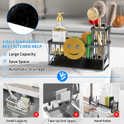 Kitchen Sink Caddy Organzier with High Brush Holder, Sponge Holder for Sink, 304 Rustproof Stainless, Kitchen Countertop Soap Dispenser Organizer, Kitchen Decor and Accessories