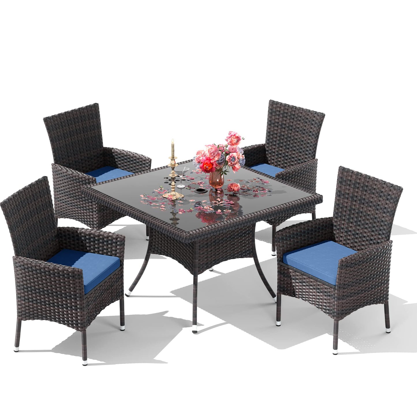 15 Pieces Patio Dining Set Outdoor Rattan Furniture Dinning Set with 3 Square Glass Tabletops 12 Chairs with Navy Blue Cushions for Patio, Backyard Outdoor Kitchen Lawn & Garden