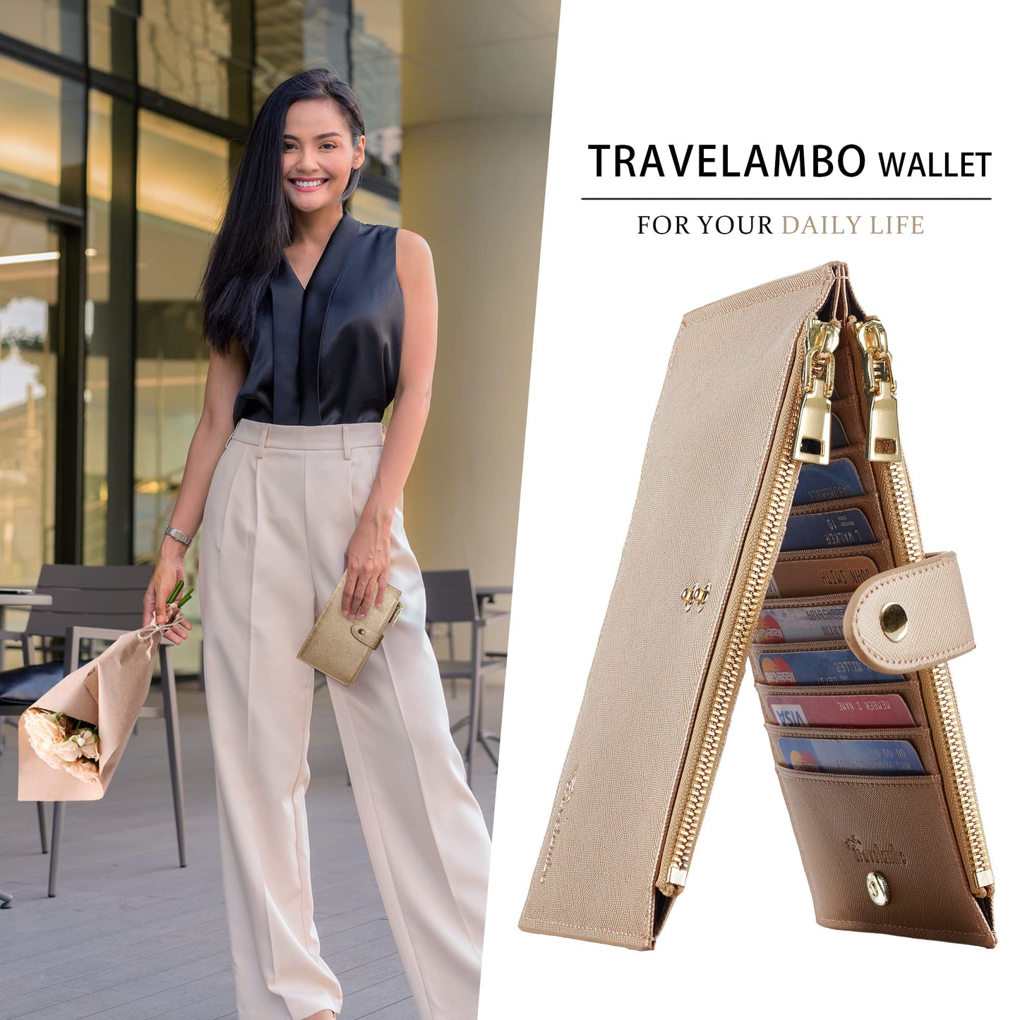Travelambo RFID Wallet Women Large Size Bifold Multi Card Wallet Case with Zipper Pocke Credit Card Holder for Women