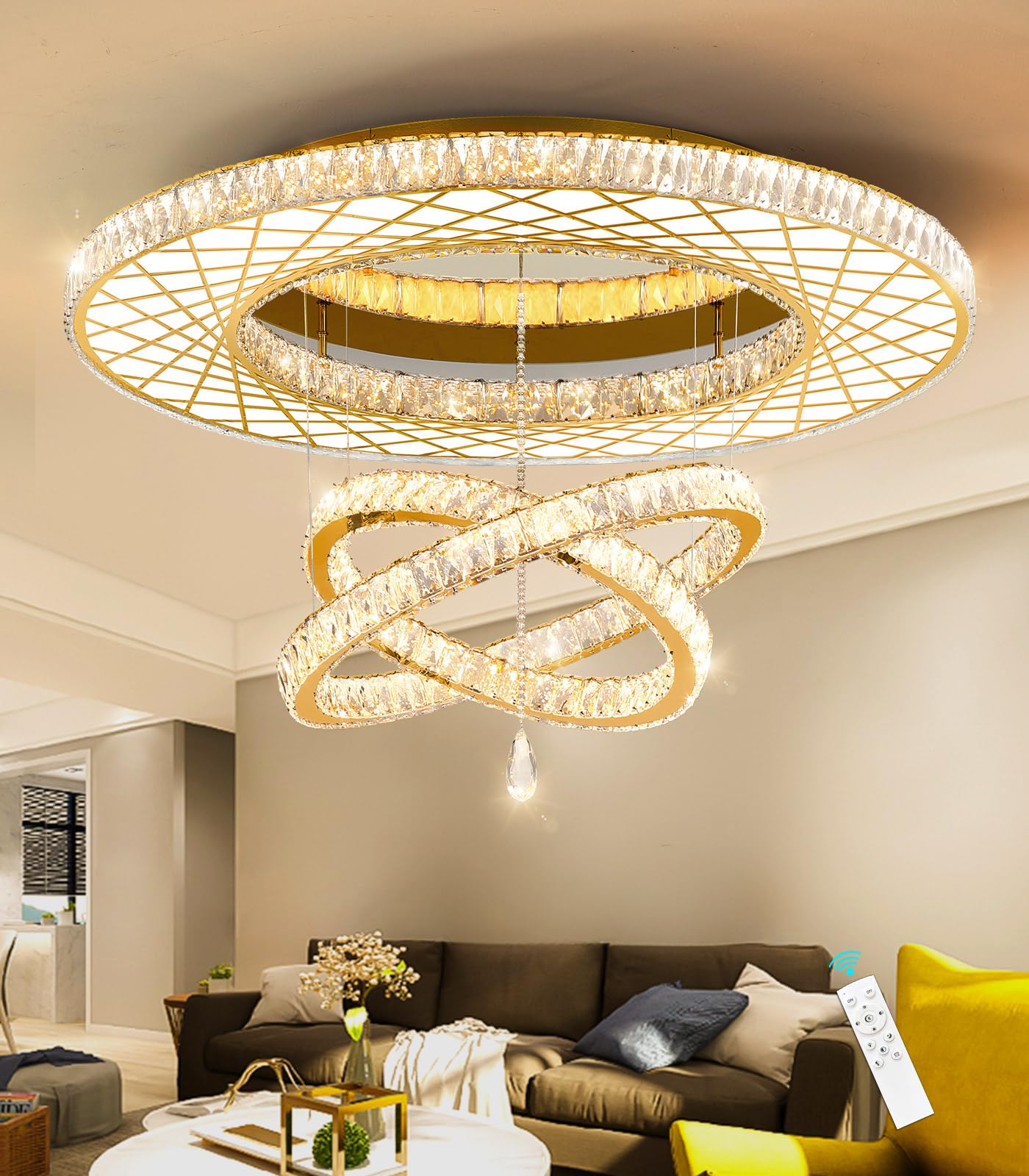 Modern Flush Ceiling Chandelier Bedroom Light Fixtures Crystal Flat Sloping Ceiling Lights for Hallway Kitchen Dining Room Dimmable Light with Remote Gold