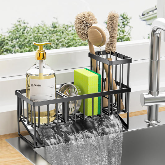 Cisily Support d'évier de cuisine, porte-éponge pour évier de cuisine, organisateur et rangement d'évier de cuisine avec porte-brosse haut, accessoires d'évier de cuisine en acier inoxydable 304 antirouille, organisateurs de cuisine 