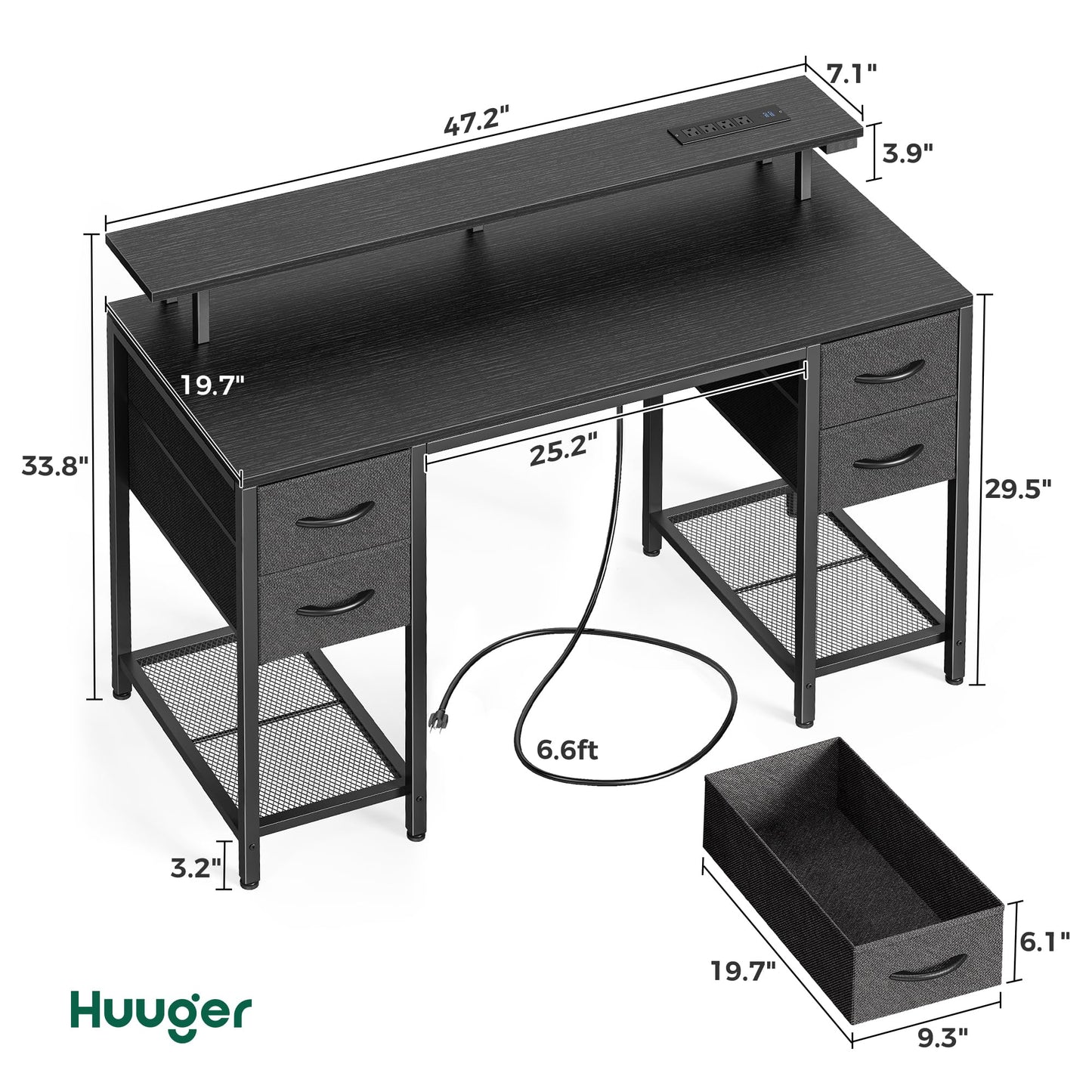 Bureau d'ordinateur Huuger de 47 pouces avec 4 tiroirs, bureau de jeu avec lumières LED et prises de courant, bureau à domicile avec grand espace de rangement pour chambre à coucher, travail à domicile, noir 