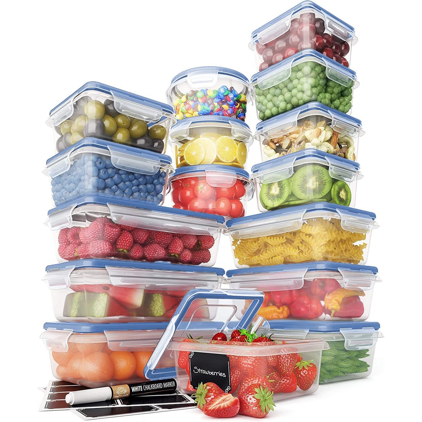 Chef's Path 32 Piece Plastic Food Storage Containers with Lids (16 Lids + 16 Containers), Airtight Plastic Containers for Pantry & Kitchen Organization - Kitchen Storage Containers - Food Containers