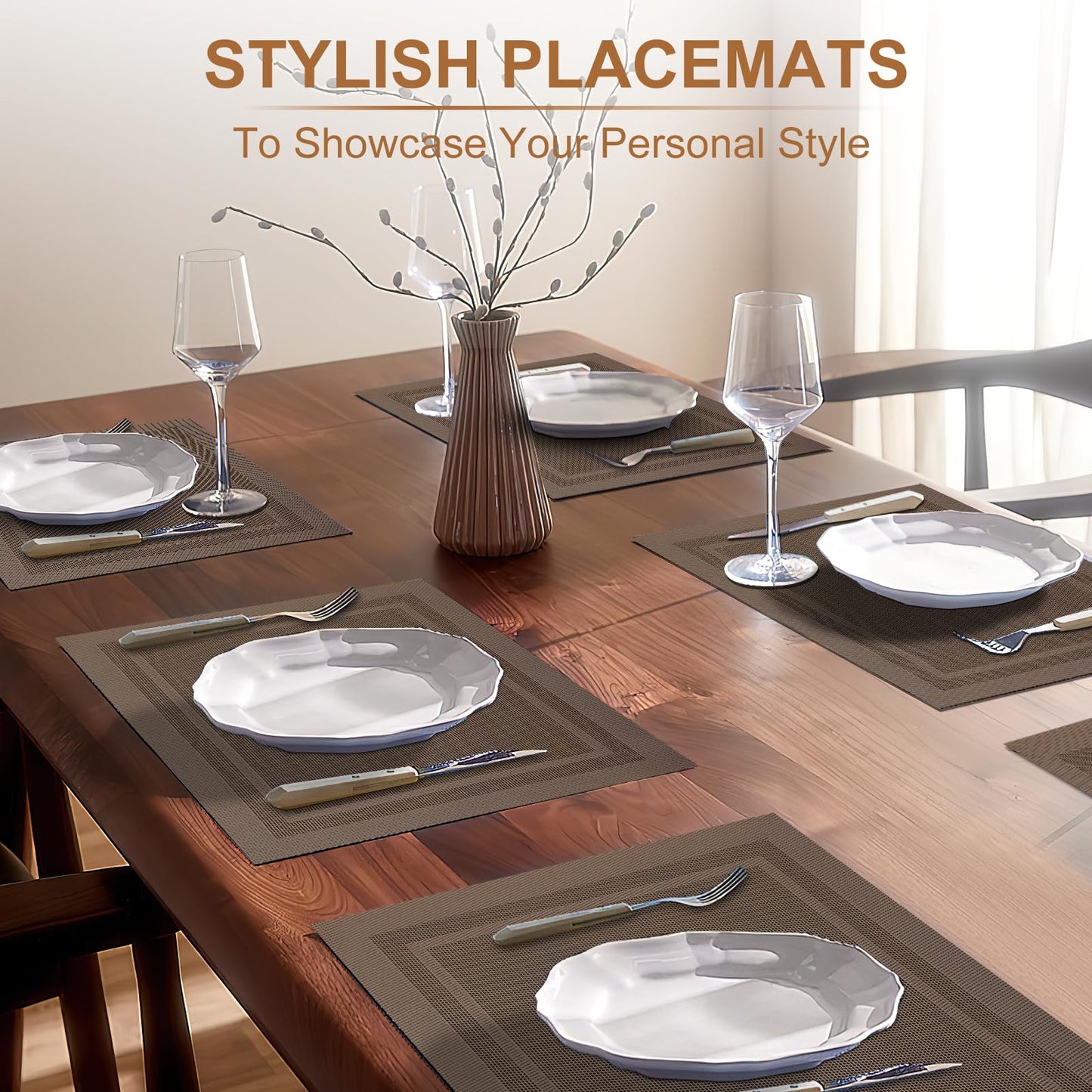 Placemats Set of 6 Woven Vinyl Placemat for Dining Table Washable Wipeable Kitchen Place Mats Durable Indoor Outdoor Table Mats 01 Beige, 6 Pcs