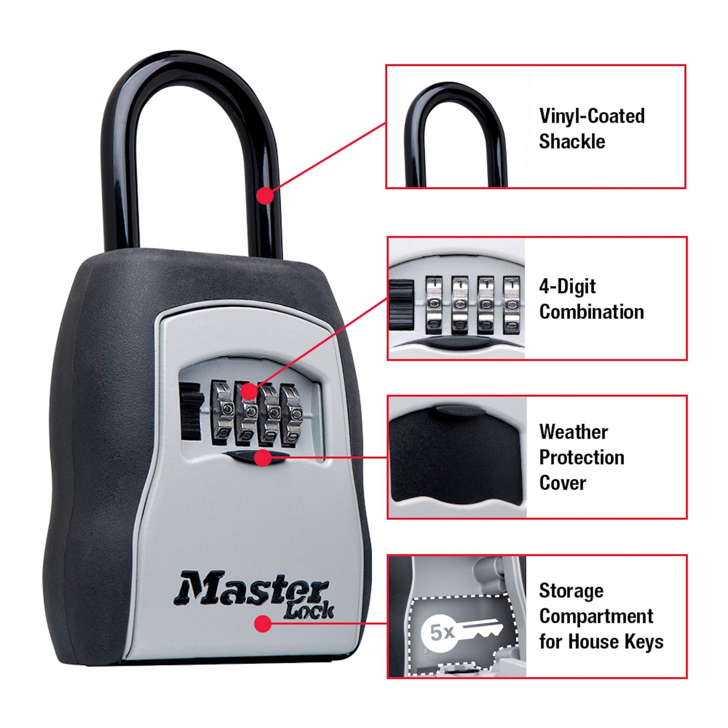 Master Lock Key Lock Box, Outdoor Lock Box for House Keys, Key Safe with Combination Lock, 5 Key Capacity, 5400EC, Black