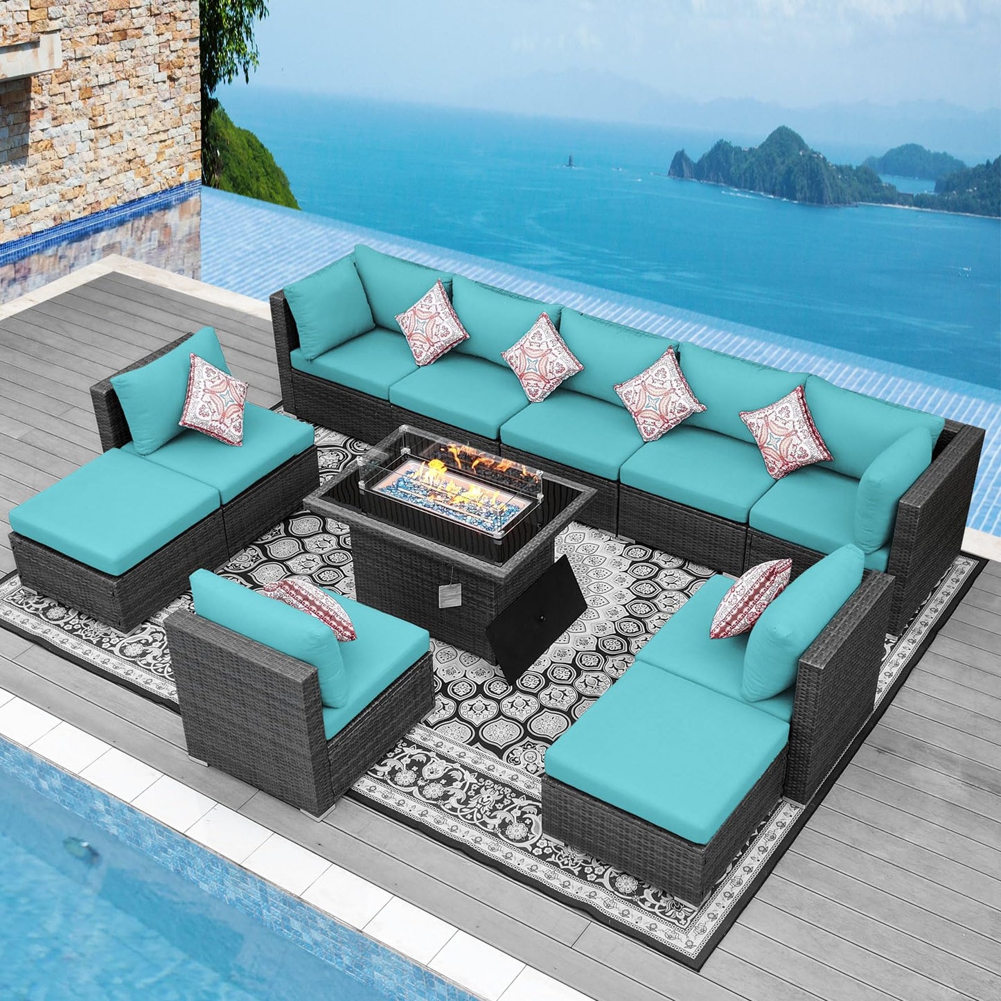 NICESOUL® 13-teiliges großes Luxus-Sofaset für die Terrasse mit Feuerstelle für Erdgas/Propan, 74 cm hohe Rückenlehne, Garten-Sitzgruppe, Gartensofa aus PE-Rattan, dunkelgrau 