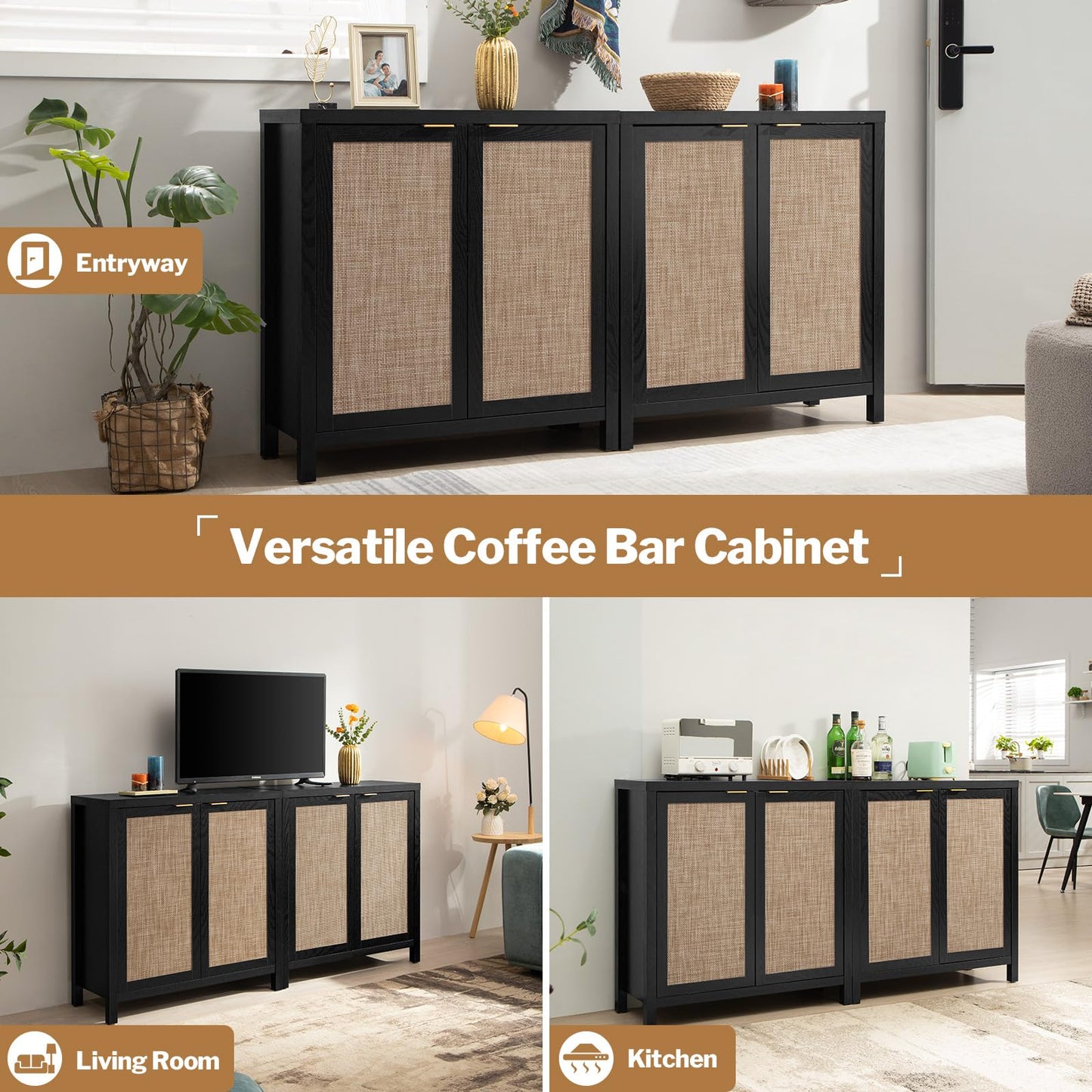 SICOTAS Rattan-Sideboard, Buffetschrank – großer Küchenschrank im Boho-Stil mit Rattan-Aufbewahrung – Holz-Kaffeebar-Schrank, Buffet-Konsolentisch für Esszimmer, Wohnzimmer, Flur – Natur 