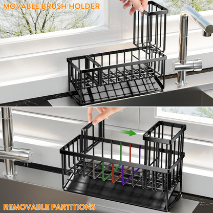 Kitchen Sink Caddy Organzier with High Brush Holder, Sponge Holder for Sink, 304 Rustproof Stainless, Kitchen Countertop Soap Dispenser Organizer, Kitchen Decor and Accessories