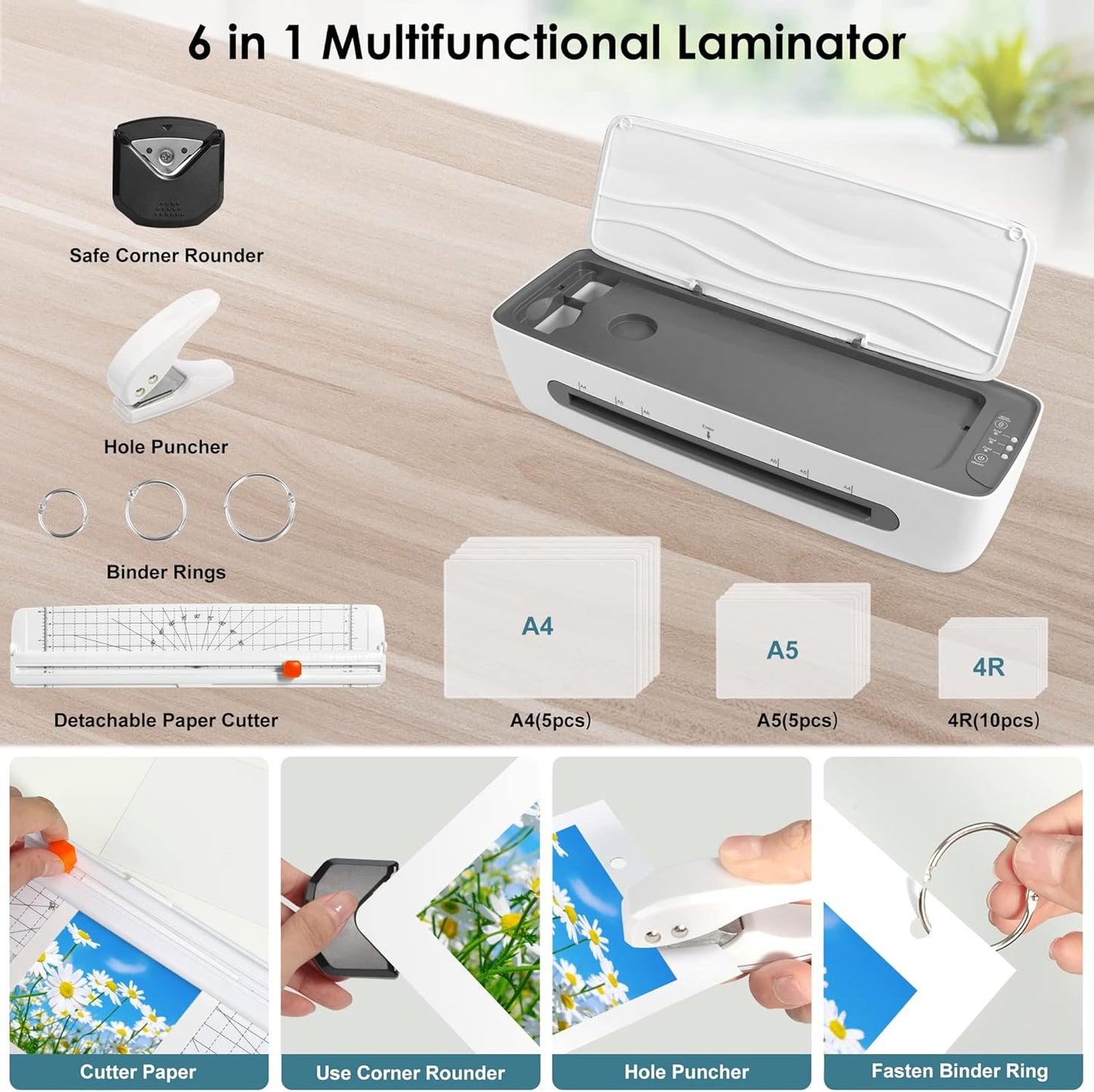 Laminiergerät, A4-Laminiergerät, 9-Zoll-Kaltthermo-Laminiergerät mit 20 Folienblättern, 4-in-1-Laminiergerät für den persönlichen Schreibtisch mit integriertem Papierschneider, Eckenrunder, Locher und Bügelring 