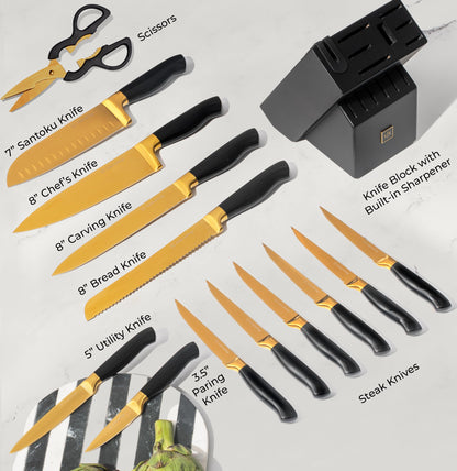 Copper Knife Set with Block - 14 PC Self Sharpening Knife Block Set