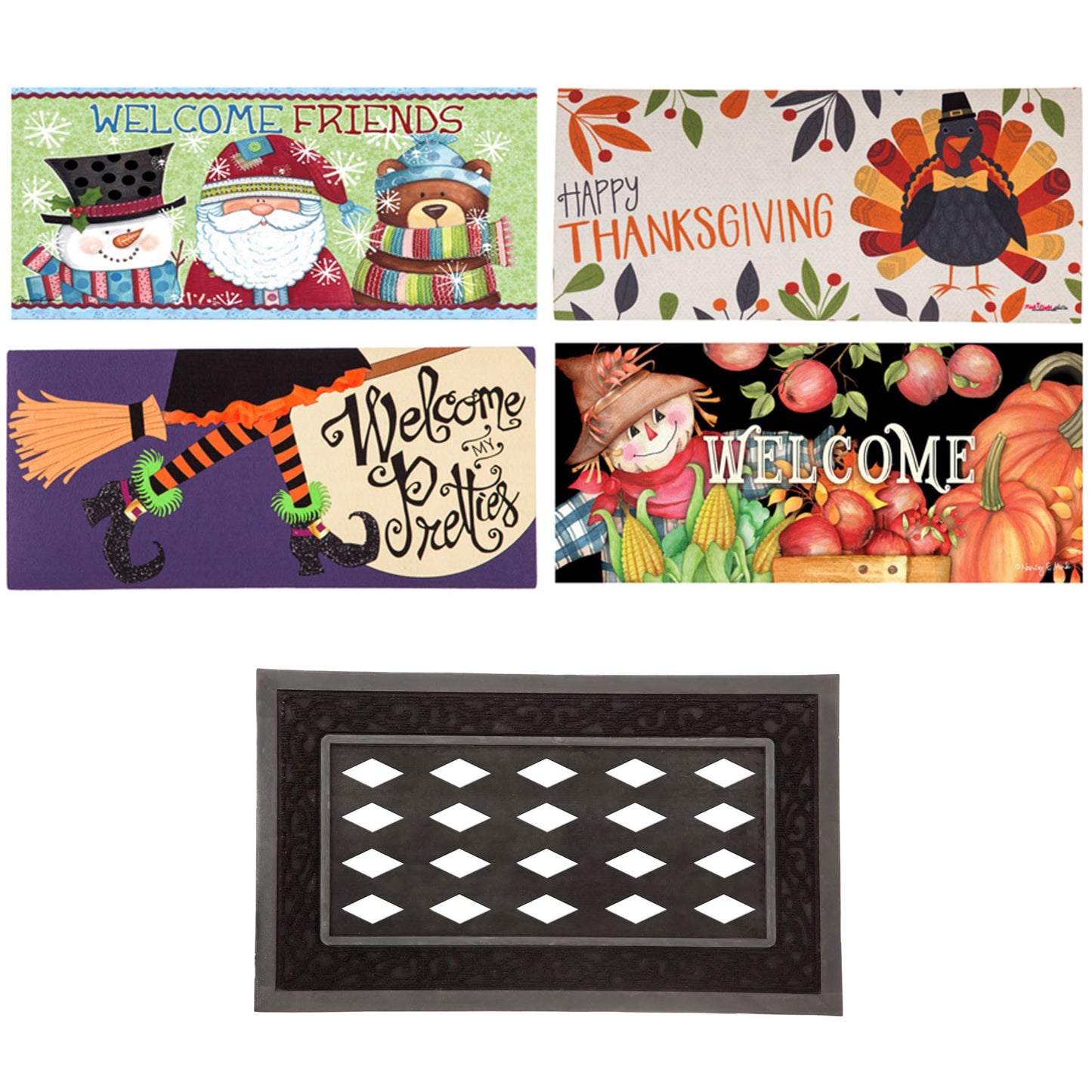 Evergreen Sassafras Bundle - Set of 5 Seasonal Interchangeable Entrance Doormats | Indoor and Outdoor |22-in x 10-in doormats and 28-in x 16-in Tray | Non-Slip Backing | Low Profile | Home Décor