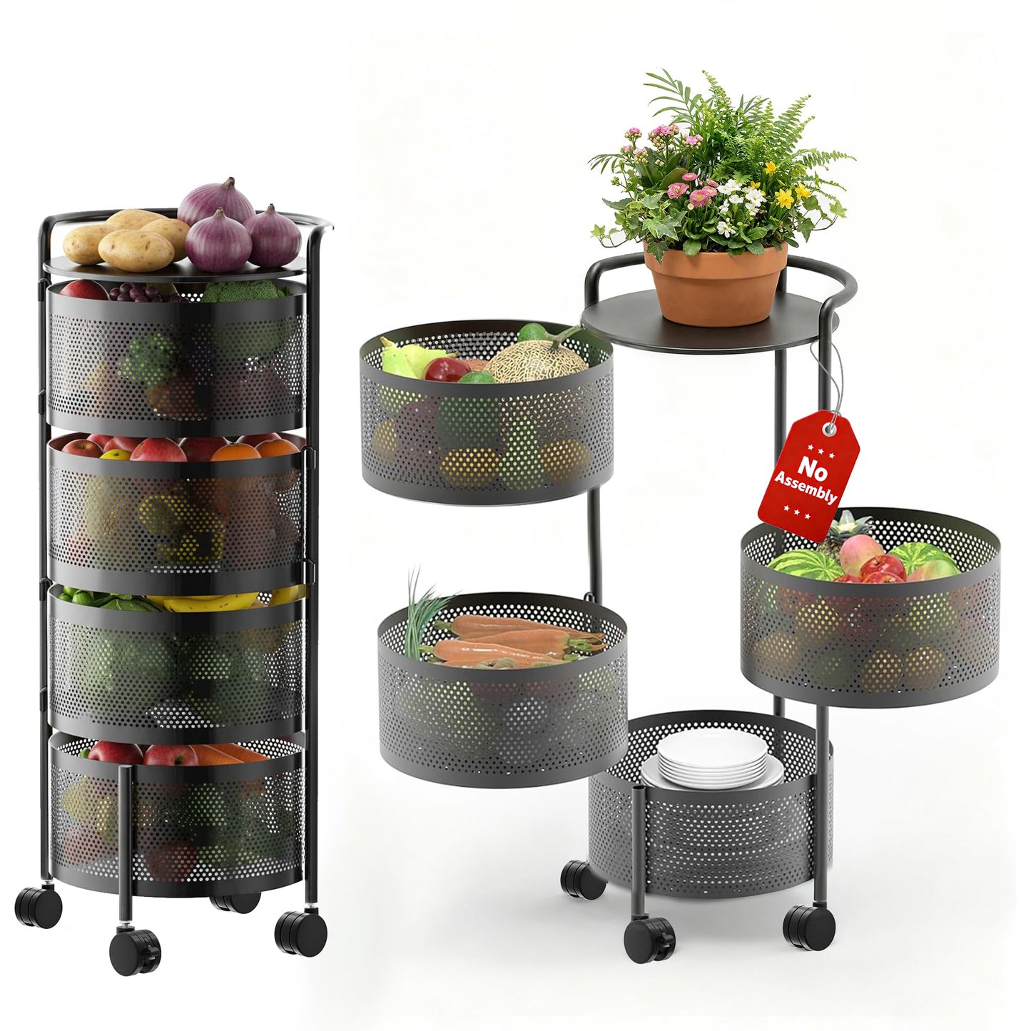 No Assembly Required Vegetable Storage Rack, 4-Tier Rotating Fruit Basket with Wheels, Heavy Duty Carbon Steel Kitchen Storage Cart