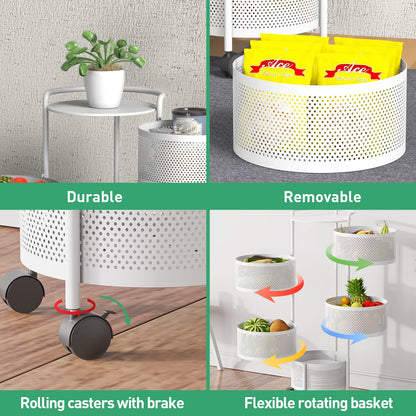 No Assembly Required Vegetable Storage Rack, 4-Tier Rotating Fruit Basket with Wheels, Heavy Duty Carbon Steel Kitchen Storage Cart