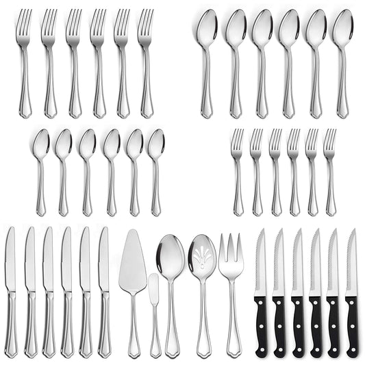 LIANYU 41-Piece Silverware Flatware Set for 6, Plus Steak Knives and Serving Utensils, Stainless Steel Flatware Cutlery Set, Eating Utensils Tableware with Scalloped Edge, Dishwasher Safe