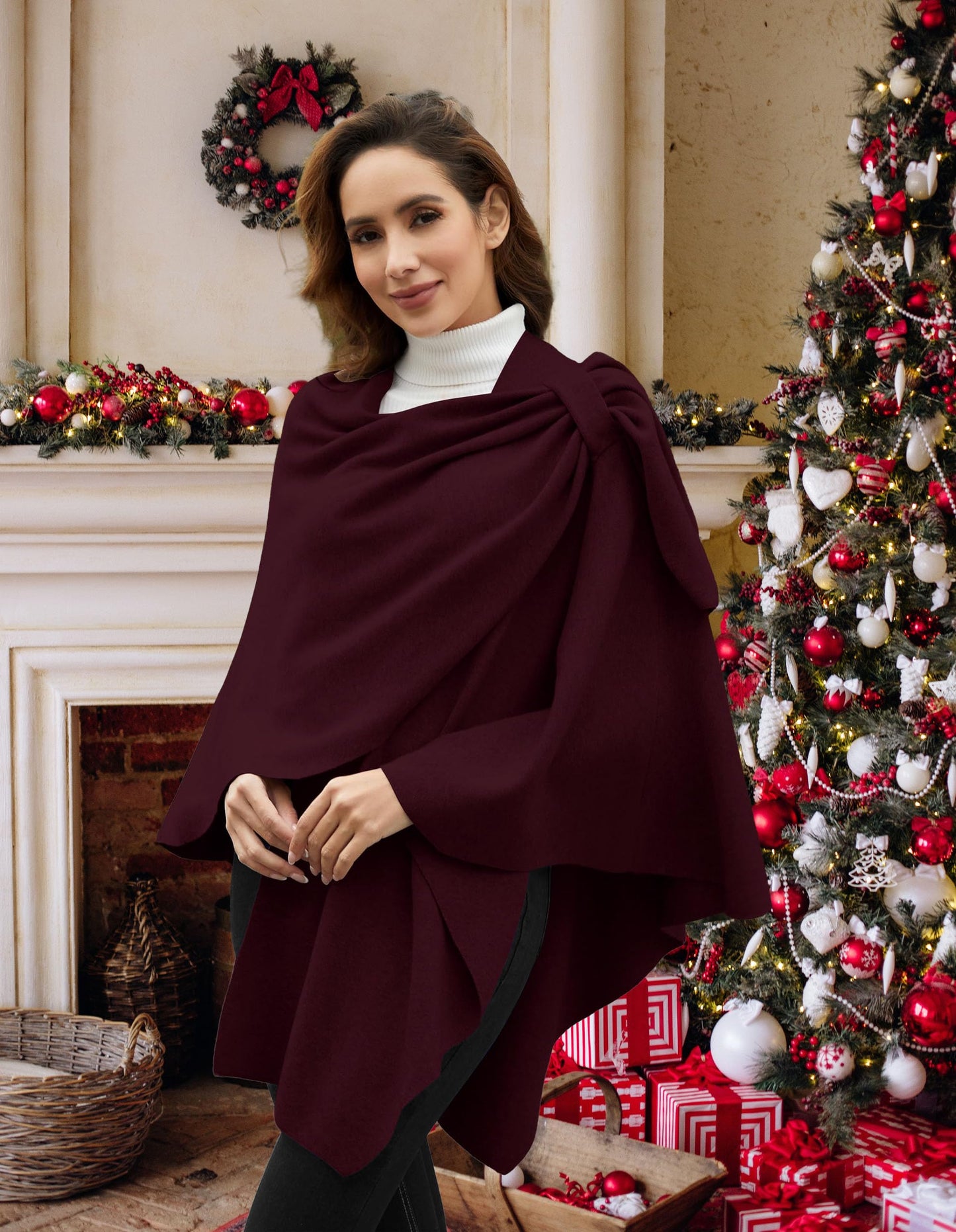 PULI Femmes Grand Poncho Croisé Sur Le Devant Pull Enveloppant Topper Tricoté Élégant Châles Cape pour l'Automne Hiver