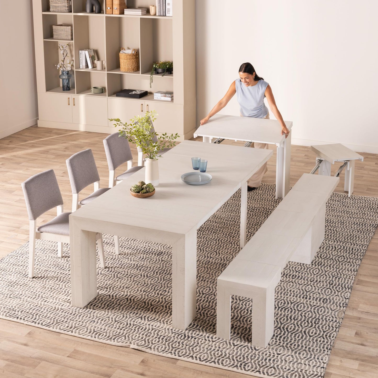 Transformer Table Dining Table Set for 4 to 12, Extendable Wood Dining Table with Expandable Bench, Small Space Furniture, Kitchen Table Set (Dark Grey, Table + Bench)