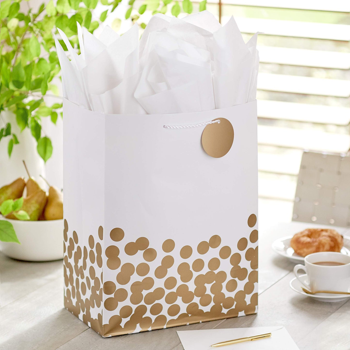 Hallmark 17" Extra Large Gift Bag with Tissue Paper (White with Gold Polka Dots) for Christmas, Hanukkah, Weddings, Engagements, Bridal Showers, Graduations, Retirements, Birthdays, Valentine's Day