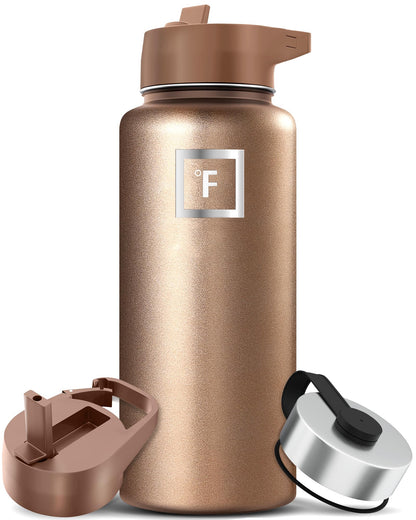 IRON °FLASK 32 oz Stainless Steel Water Bottle – Vacuum Insulated, Leak-Proof, BPA-Free, with 3 Lids (Straw Included)