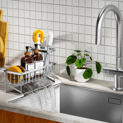 Kitchen Sink Caddy Organzier with High Brush Holder, Sponge Holder for Sink, 304 Rustproof Stainless, Kitchen Countertop Soap Dispenser Organizer, Kitchen Decor and Accessories
