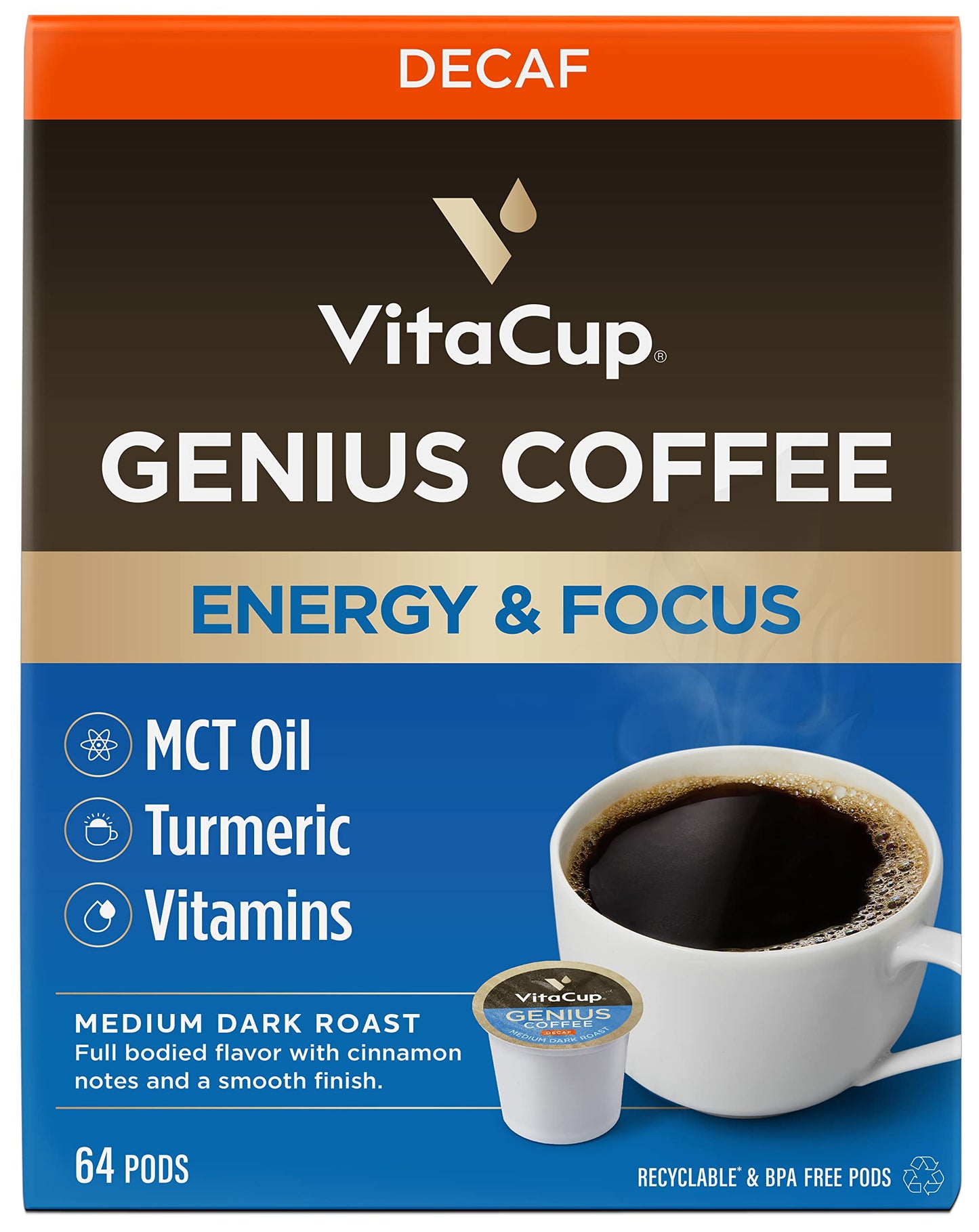 VitaCup Lightning Kaffeepads, für Gedächtnis und Konzentration mit 2x Koffein, grüne Kaffeebohnen, B-Vitamine, D3, starker dunkel gerösteter Kaffee, recycelbare Einzelportionspads, kompatibel mit Keurig K-Cup Kaffeemaschinen, 16 Stück 