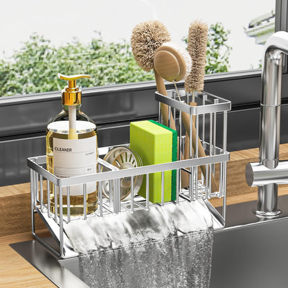 Kitchen Sink Caddy Organzier with High Brush Holder, Sponge Holder for Sink, 304 Rustproof Stainless, Kitchen Countertop Soap Dispenser Organizer, Kitchen Decor and Accessories