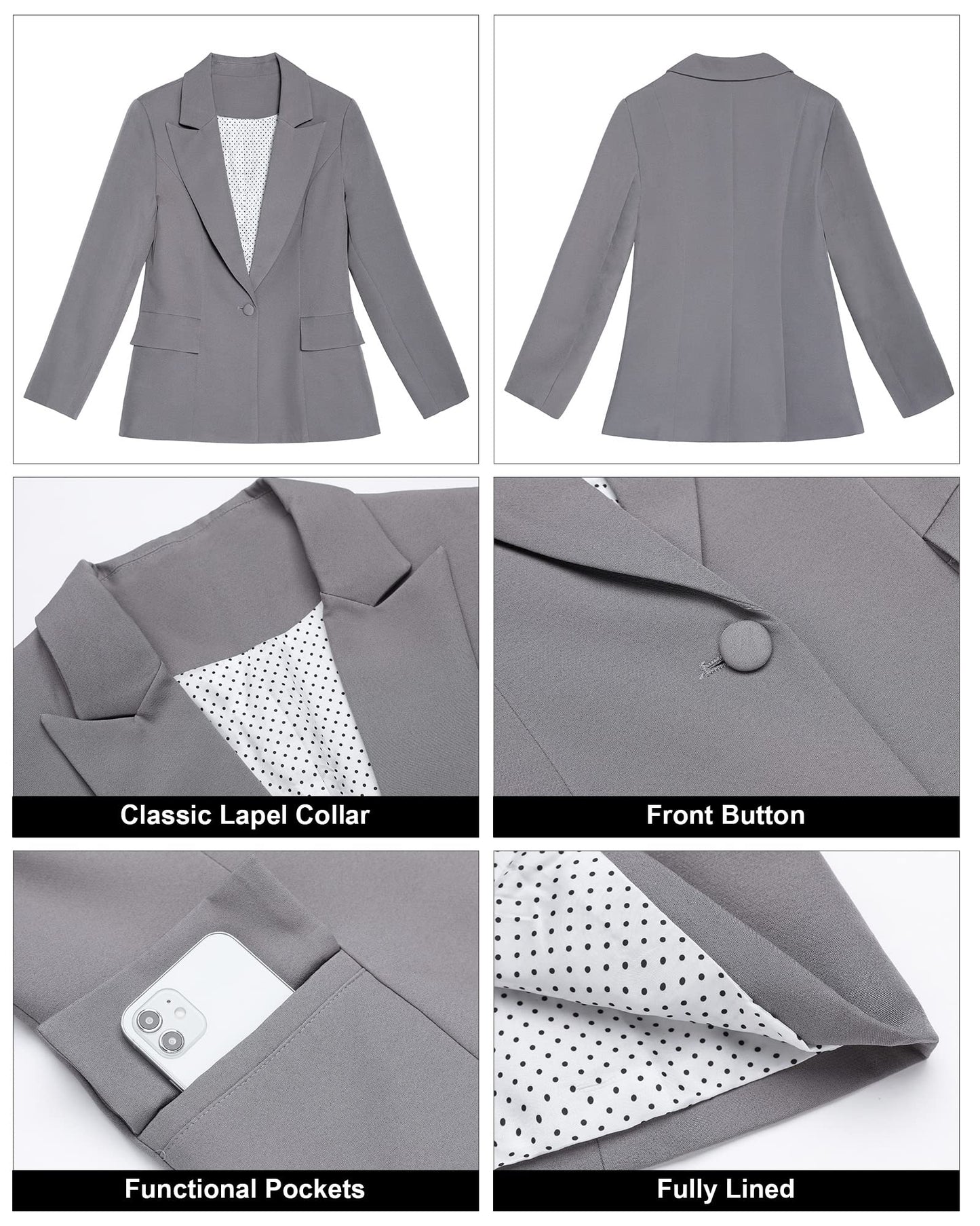 Veste de costume blazer de travail décontractée à poches ouvertes sur le devant pour femme GRAPENT 