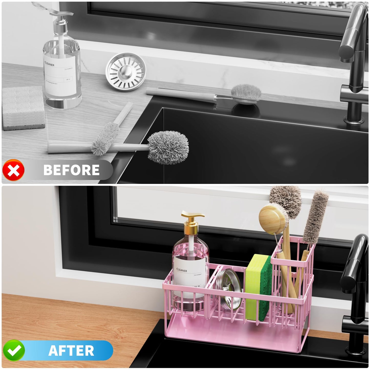 Kitchen Sink Caddy Organzier with High Brush Holder, Sponge Holder for Sink, 304 Rustproof Stainless, Kitchen Countertop Soap Dispenser Organizer, Kitchen Decor and Accessories