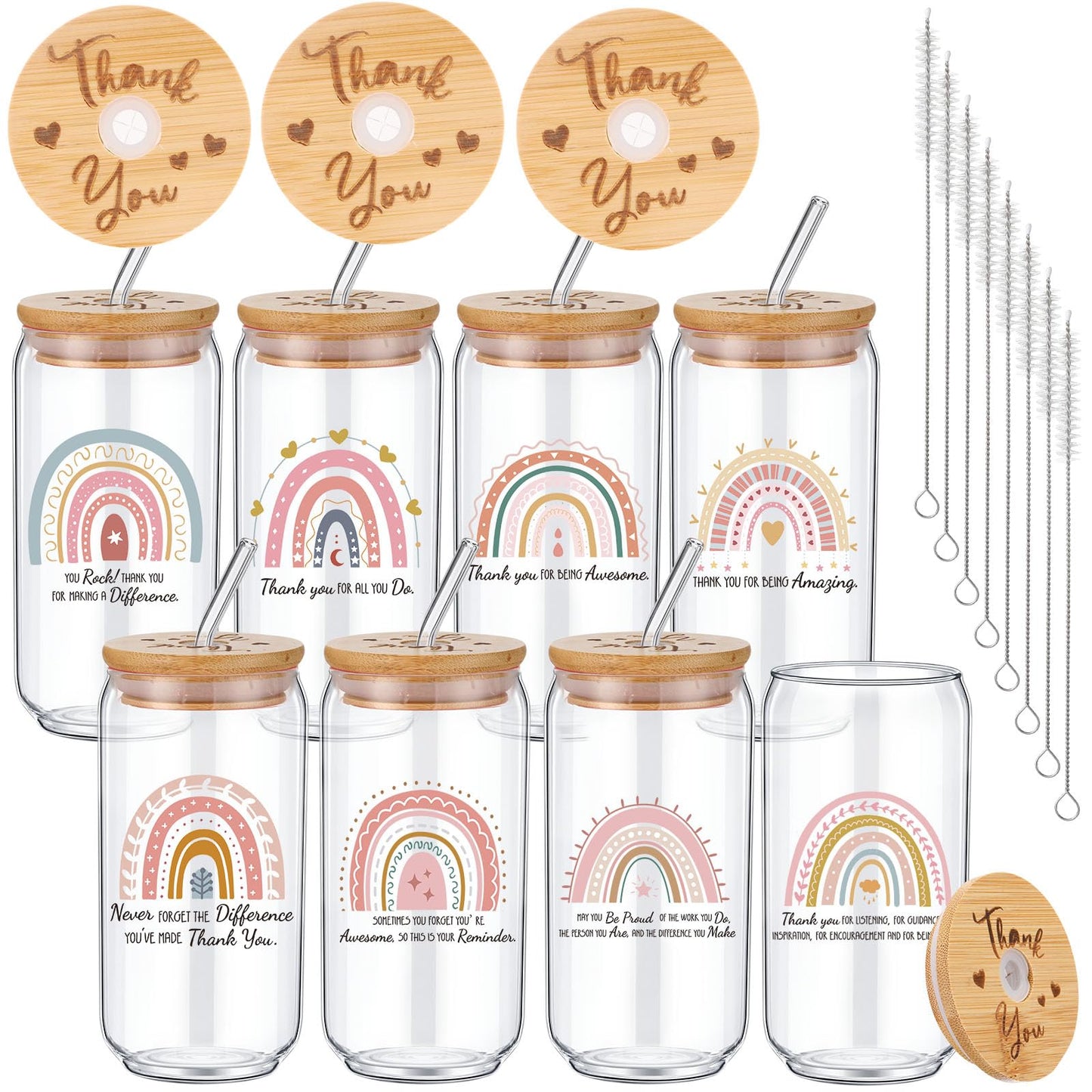 Tioncy 8 Pcs Team Gifts for Employees Thank You Gifts Teacher Staff Appreciation Gifts 16oz Can Shaped Beer Glass with Bamboo Lids Straws Brushes Drinking Glass Cups for Women Men Coworkers Member