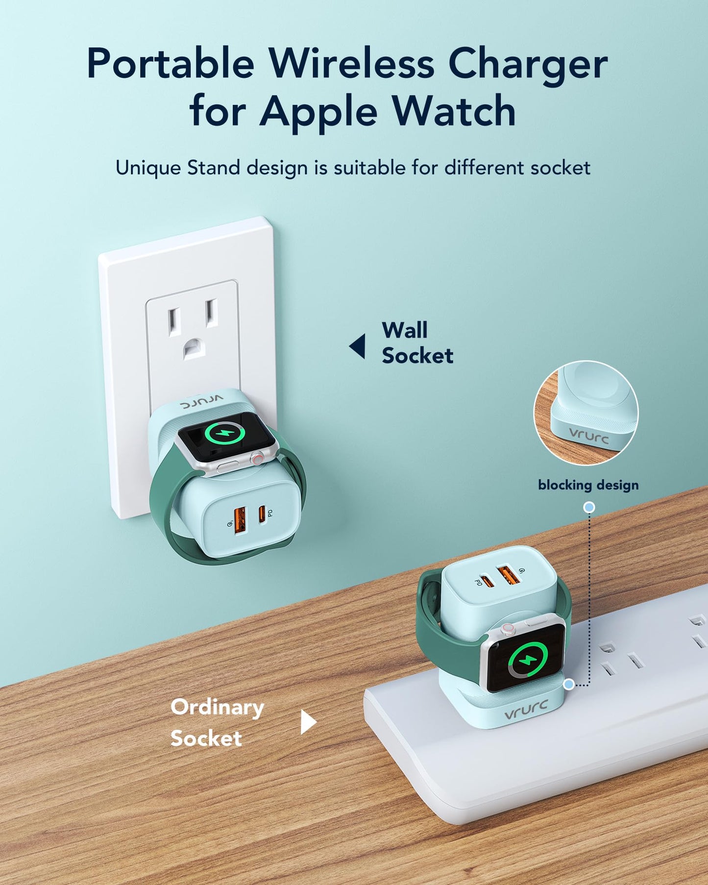 VRURC für Apple Watch-Ladegerät, PD 20 W 3-in-1-Schnellladeblock mit magnetischem kabellosem Laden und zwei Anschlüssen, faltbarer Stecker USB C-Wandladegerät für iPhone 15 14 13, Android, Tablets usw. - Schwarz 