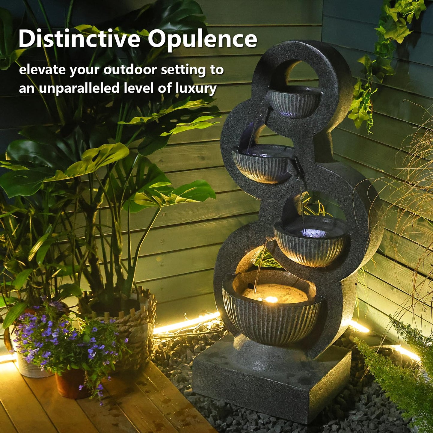 Outdoor Water Fountain Circular Elegance Waterfalls Fountain Indoor Floor Standing Water Fountains with LED Lights, Pump for Garden, Living Room, Patio, 38 inches Height